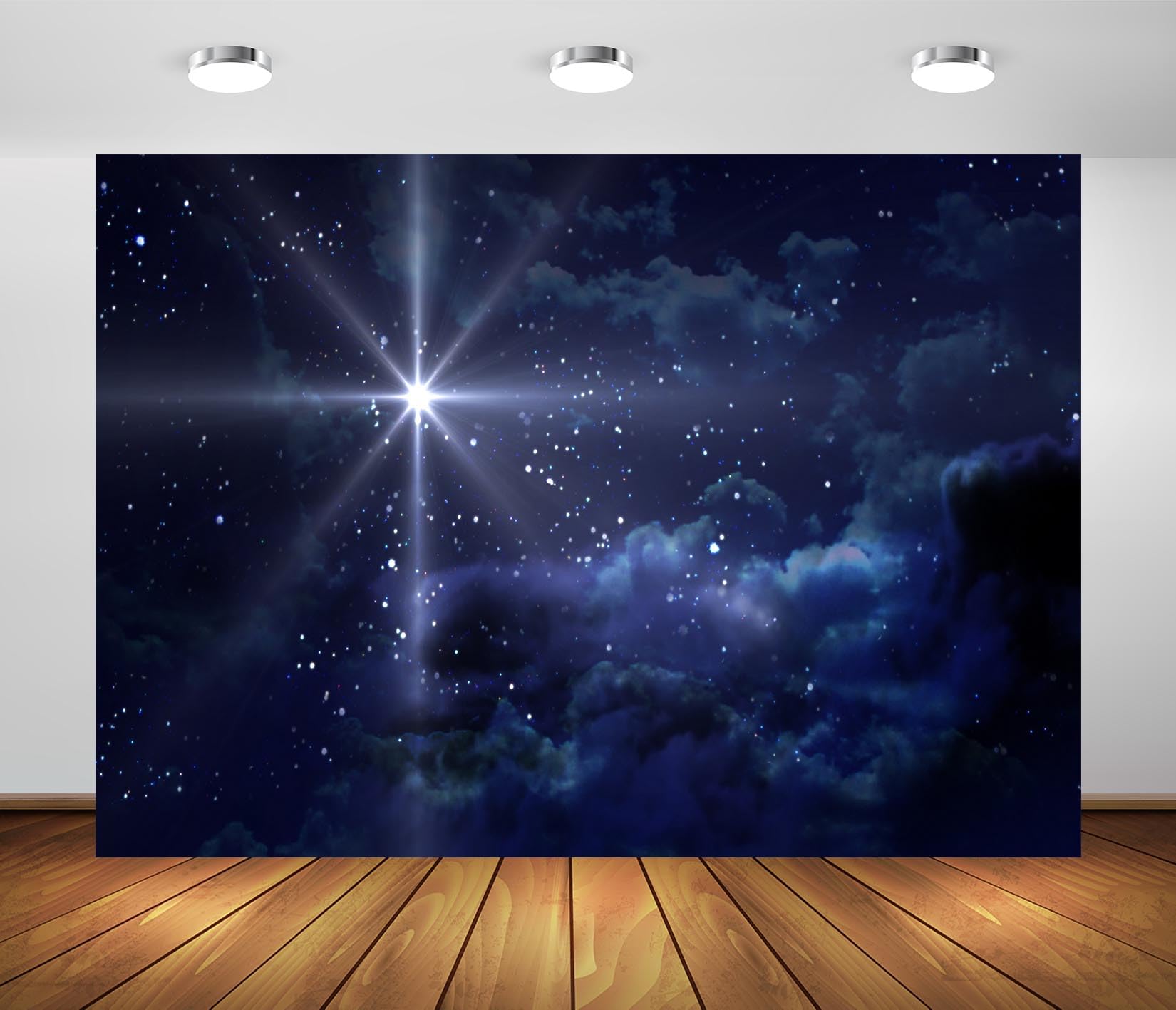 BELECO 7x5ft Fabric Star Night Backdrop Holy Christmas Star Blue Starry Sky Background Christmas Nativity Scene Star of Bethlehem Jesus Birth