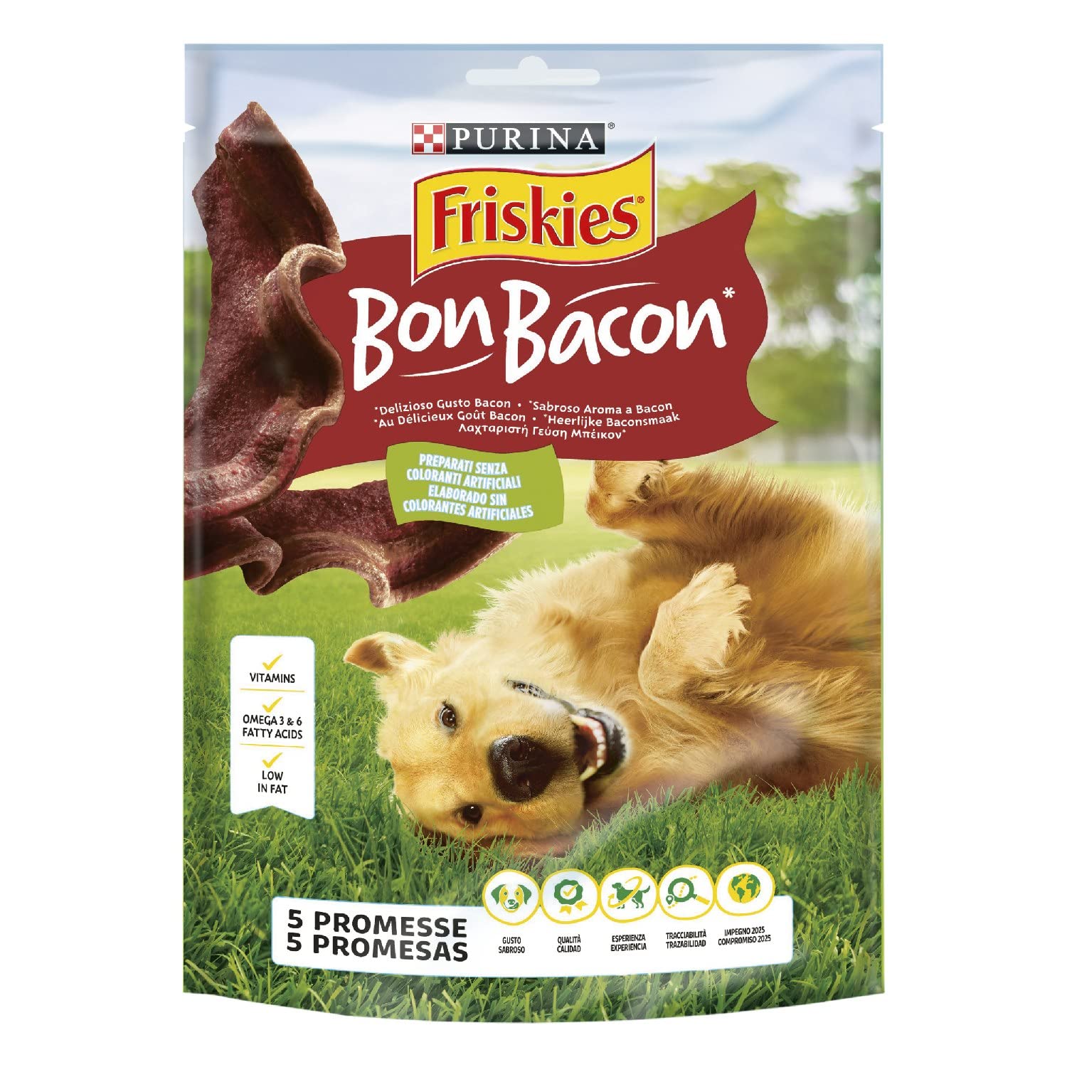 PURINA FRISKIES Bon Bacon 5 Promesse Snack per Cani Adulti al gusto di Bacon 6 Confezioni da 120g