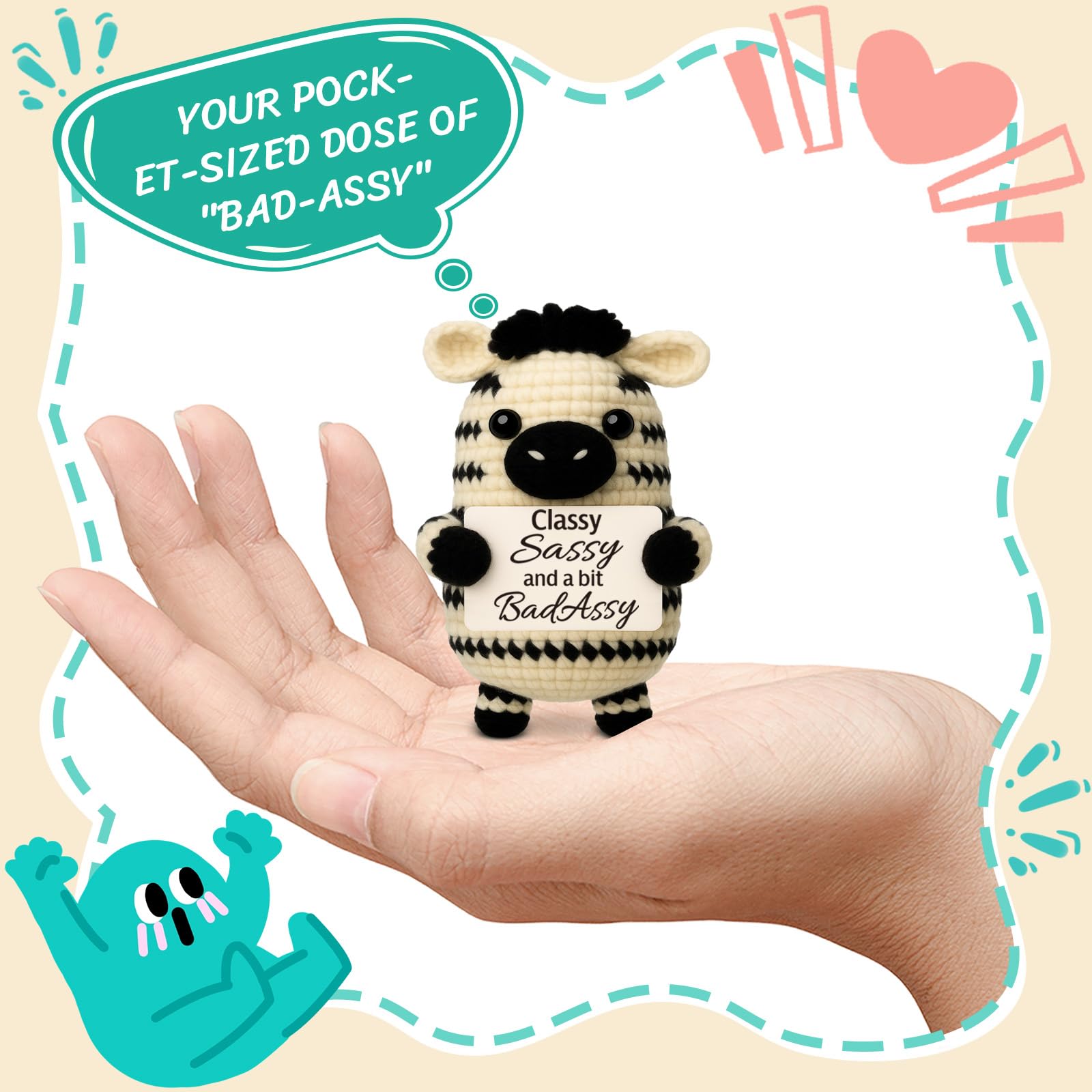 Funny Gifts for Women Men, Birthday Friendship Gift for Coworker, Work Bestie, Boss, Handmade Crochet Zebra, Sassy Badass Sign for Best Friend, Unique Desk Decor