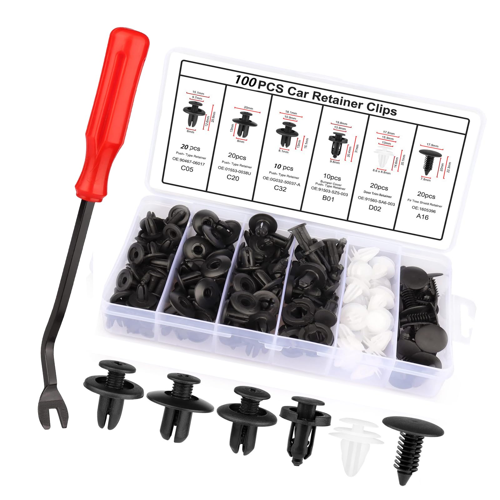 Car Clips & Rivets Assortment Kit - 6 Sizes for Easy Body Fixes & Fender Replacement - Universal Fit for Most Models - Durable Automotive Fasteners-100PCS