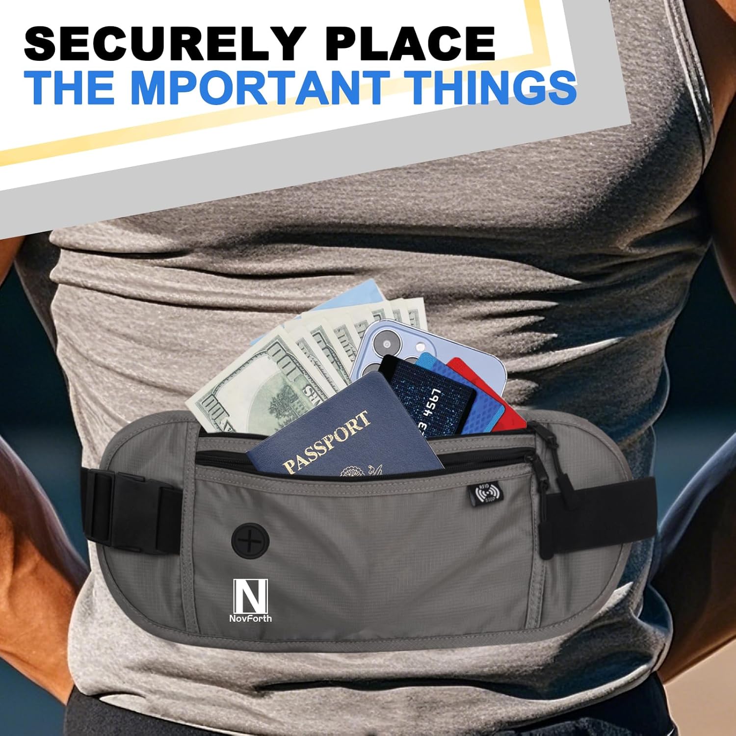 NovForth RFID Travel Money Belt - Anti-Theft Passport Holder Waist Pack with Large Capacity, Waterproof Fanny Pack for Men & Women, Adjustable Waist Wallet for Airport Security & Travel Accessories Grey