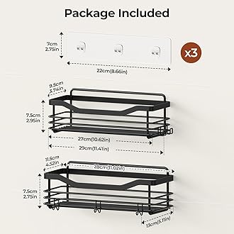 Orimade Shower Caddy Basket Shelf Storage Rack, No Drilling Wall Mounted Adhesive Rust Proof Stainless Steel Shower Organizer with 5 Hooks for Bathroom, Black 2 Pack