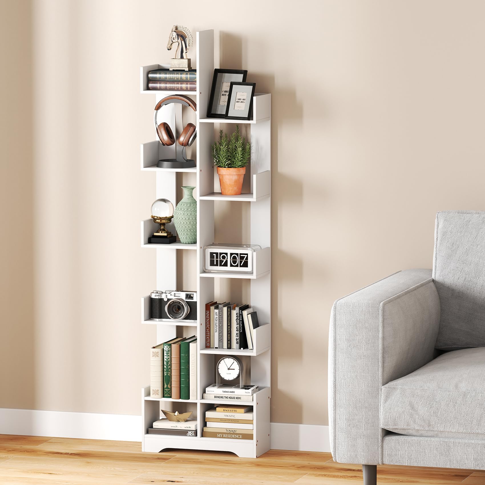 Libreria angolare 90°, legno, 175 cm, bianco, per camera da letto, studio, soggiorno, ufficio