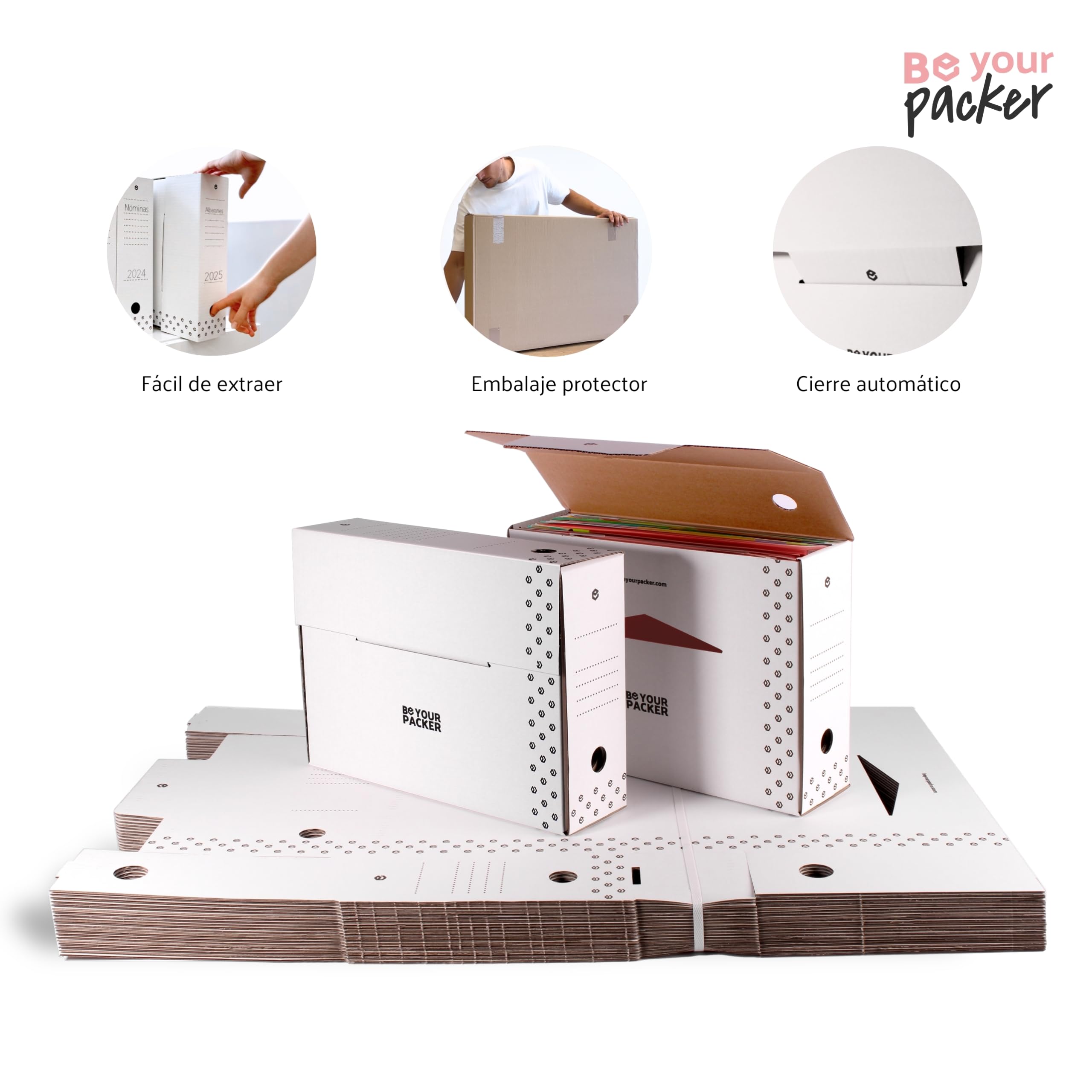 20 Cajas Archivo Definitivo A4 de Cartón Blanco Plegables y Automontables | Caja Archivadora Documentos Blanca | Organizador de Documentos A4 en vertical y horizontal | 35x25x10 cm