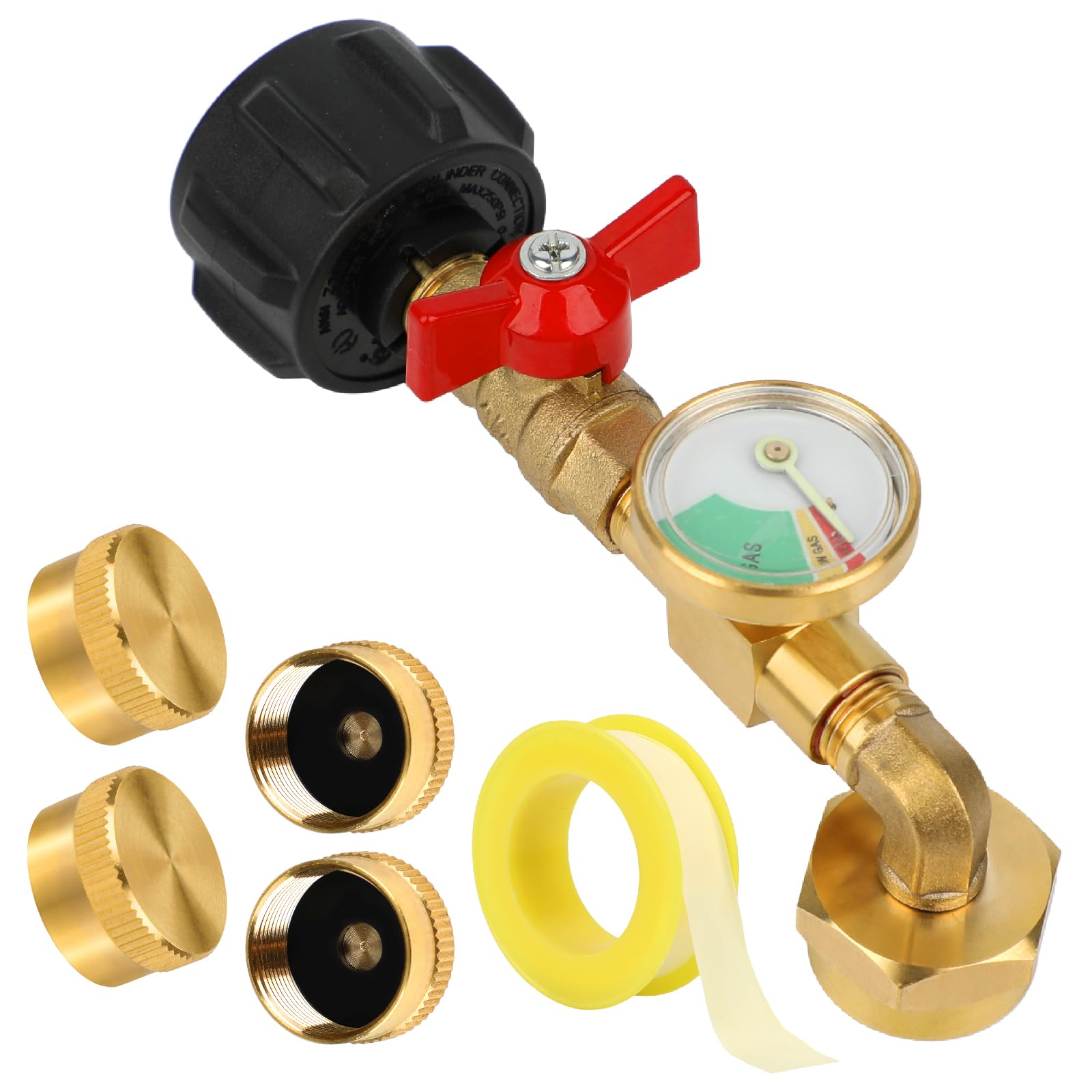 Propane Refill Adapter for 1lb. Tanks, Propane Adapter 20lb to 1lb Converter with Gauge and Control Valve, Propane Refill Elbow Adapter with 4 Bottle Caps for BBQ Grill Stove Camping, Solid Brass