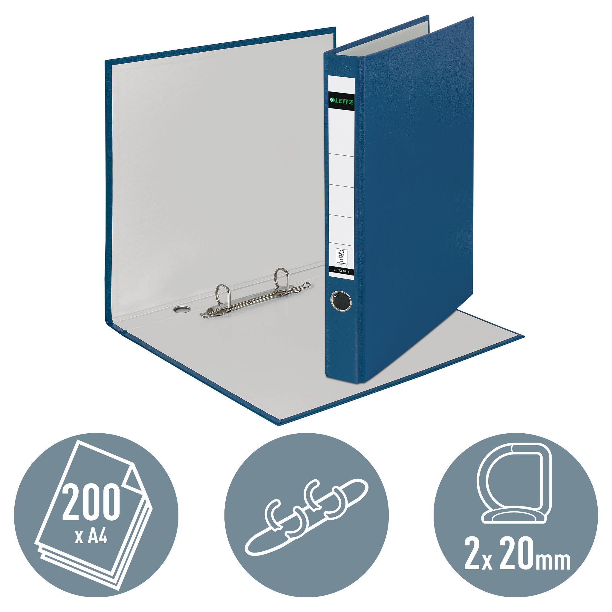 Leitz Raccoglitore ad anelli in plastica senza fessure, formato A4, confezione da 5, blu, larghezza dorso 3,5 cm, copertina laminata in PP, 10140035