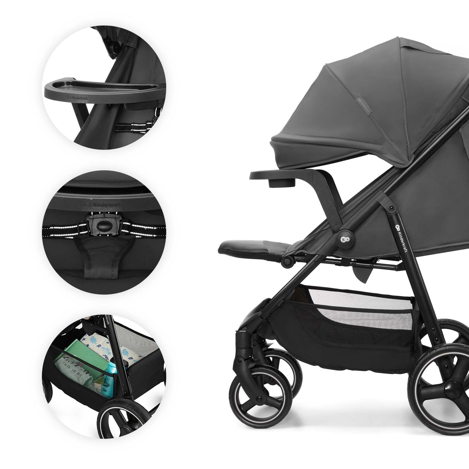 Kinderkraft TRIG 3 con vassoio, Passeggino 22 kg, CLICK & FOLD, Grigio