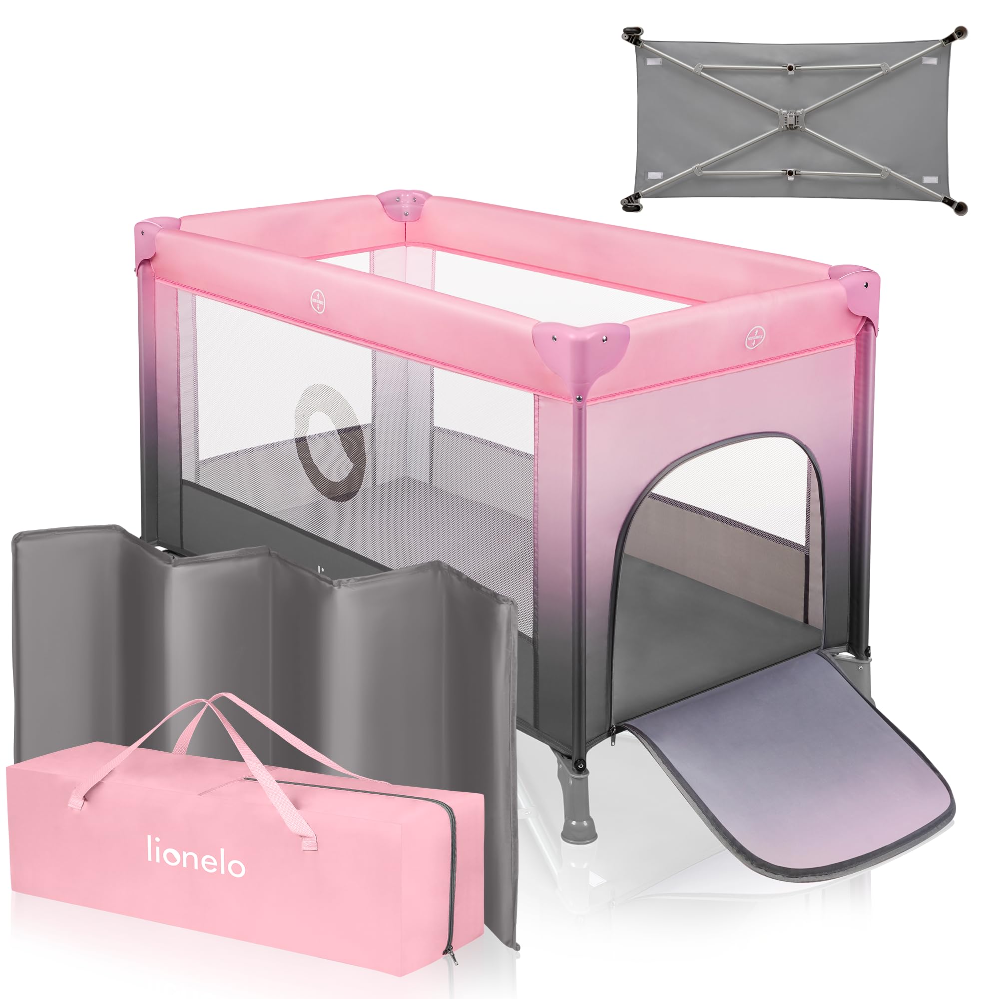 lionelo STEFI Travel Cot Portable Baby Bed for Newborns and Toddlers 0-36 kg with Mattress, Side Entry, Breathable Mesh, LockGuard Safety, Wheels with Brakes, Easy-Fold System, Bag