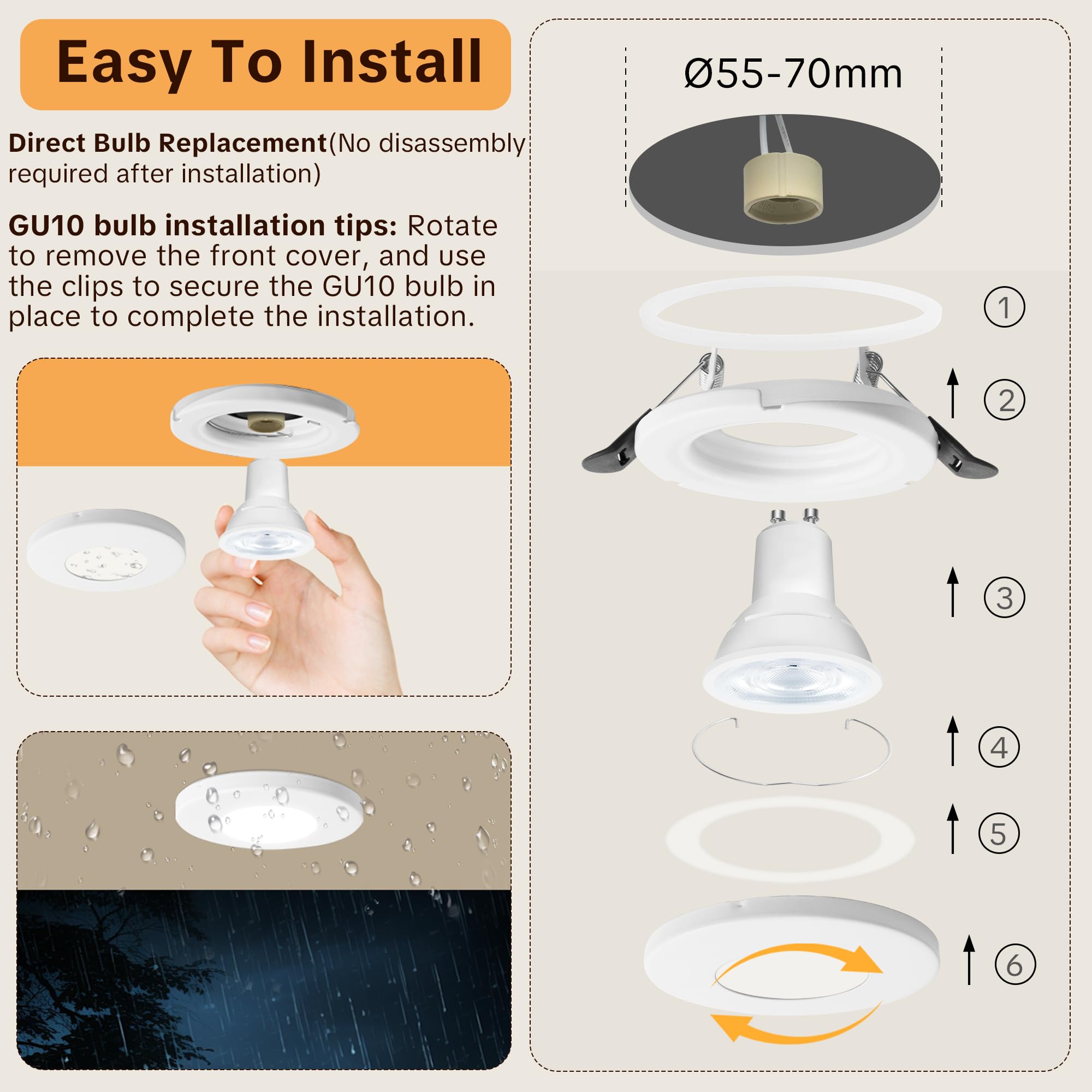 10 x Marco Foco Empotrable GU10 IP65, Apertura 55-70mm Marco Ojos de Buey LED para Techo Incl. Portalámparas GU10, Redondo Downlight LED Techo Empotrable, Blanco