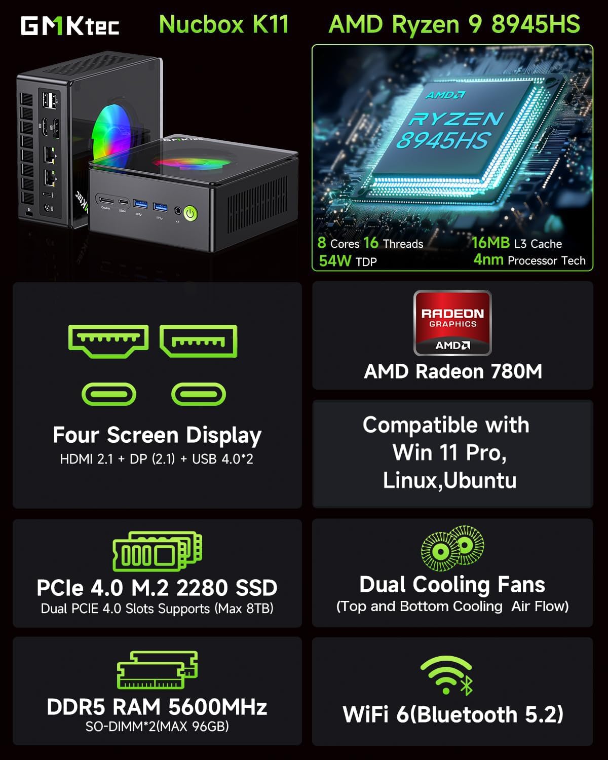 GMKtec Gaming Mini PC AMD Ryzen 9 8945HS (Turbo 5.1GHz) 32GB DDR5 2TB SSD, Computers PC Oculink, Dual NIC LAN 2.5G, WiFi 6, USB3.2, USB-C 4.0, BT5.2, DP, HDMI, Dual Fan Nucbox K11: 32GB+1TB I 5700U