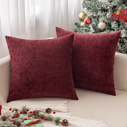MIULEE Paquete de 2 fundas de almohada navideñas de felpilla suave de 16 x 16 pulgadas, fundas de almohada teñidas de color liso rojo vino para