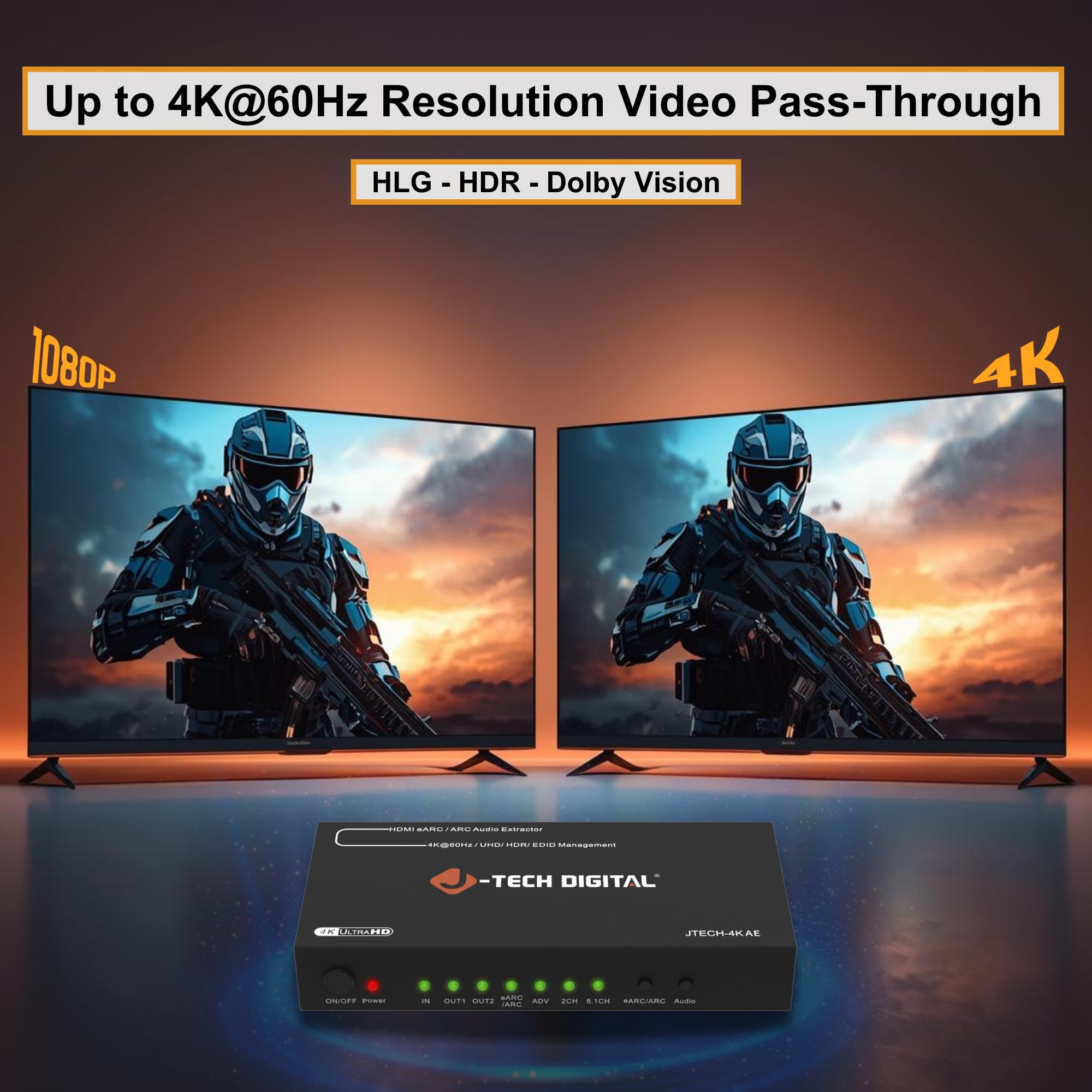 J-Tech Digital Estrattore audio 4K HDMI eARC/ARC, 4K 60Hz HDMI a ottico + RCA L/R, convertitore audio DAC da digitale ad analogico per console di gioco Blu-Ray laptop HDTV [JTECH-4KAE]