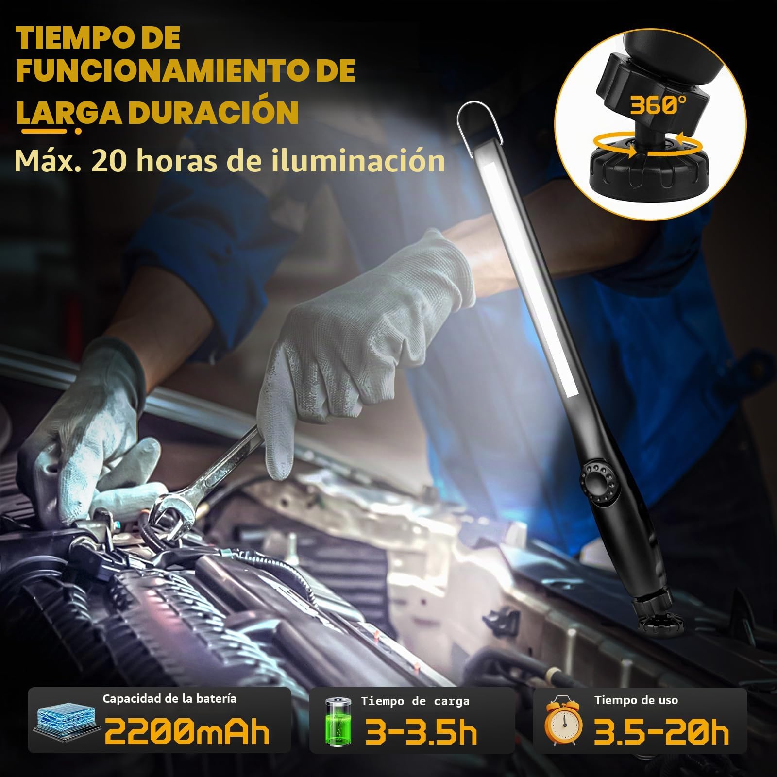 Lámpara de trabajo LED linterna de taller, lámpara de inspección COB recargable con lámpara de trabajo magnética para reparación de coches, taller, camping, iluminación de emergencia (3 unidades)