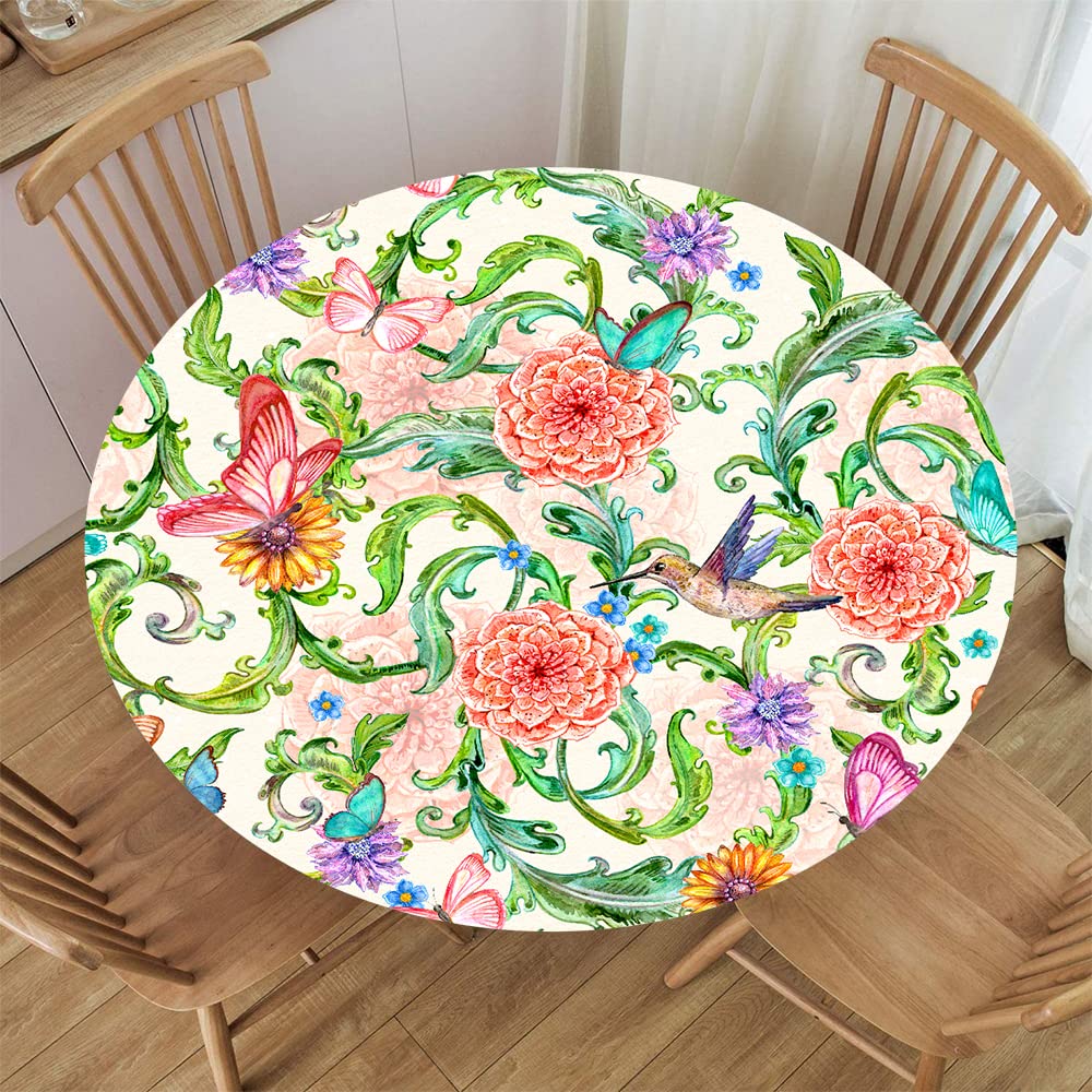 Fitted Round Waterproof Tablecloth Elastic Edge Table Cover Home Decorative Birds Tablecloth for Indoor Outdoor Picnic, Patio, Party Fit for 38.2