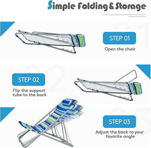 Miniatura 6 de GYMAX Silla de playa, 2 piezas para adultos con respaldo ajustable de 3 niveles y almohada extraíble, silla de campamento reclinable portátil para