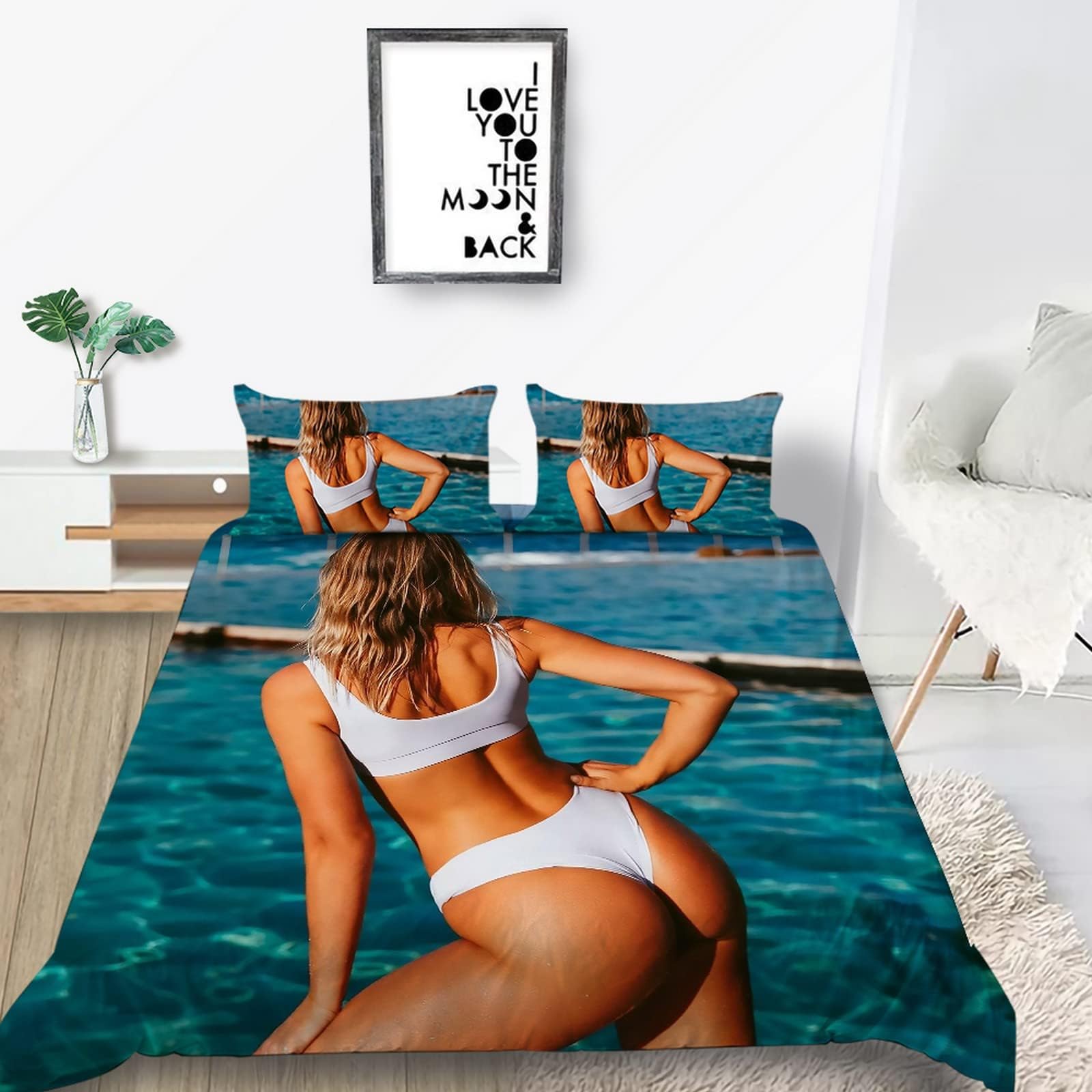 GKLLXC Infant Duvet Covers Kingback View Of Woman On Beach Beds - Super Soft Anti-Allergy 3 Piece Include 3D Printed Duvet Covers Fitted Bed, 2 Pillow Case 50X75 Cm - All Season Bedding 220 X 240 Cm
