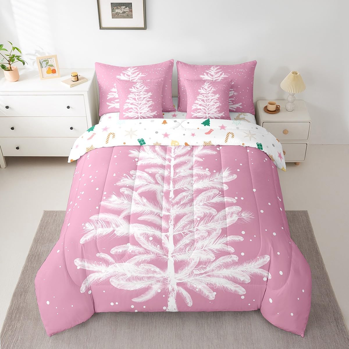 Erosebridal 7 Pcs Pink Christmas Twin Bedding Set,Christmas Tree Comforter Set for Girls,Winter Magical Snowflake Floral Bed in a Bag,Abstract Feather Snowy Flowers Xmas Sheet Set with Comforter