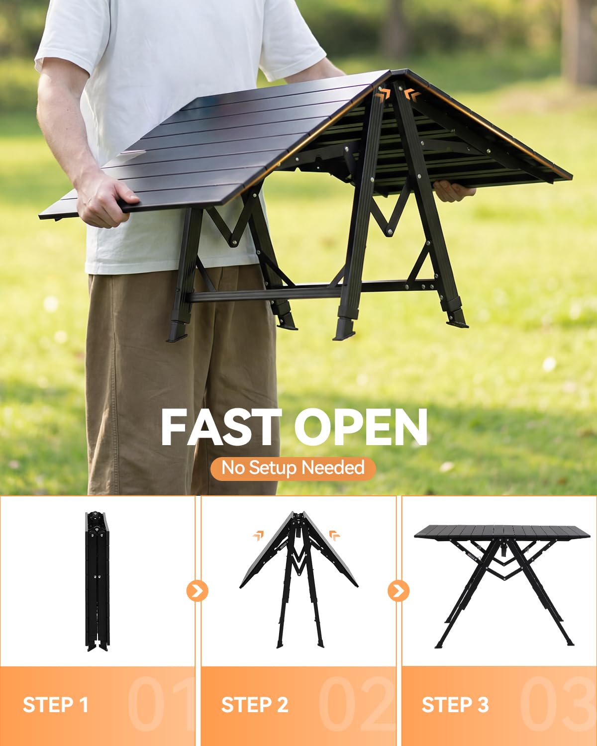 Sportneer Tavolo da campeggio pieghevole, pieghevole e portatile, con design ad apertura rapida, altezza regolabile da 41,9 a 70,1 cm, 89,9 x 59,9 cm, in alluminio leggero, con manico e tracolla per