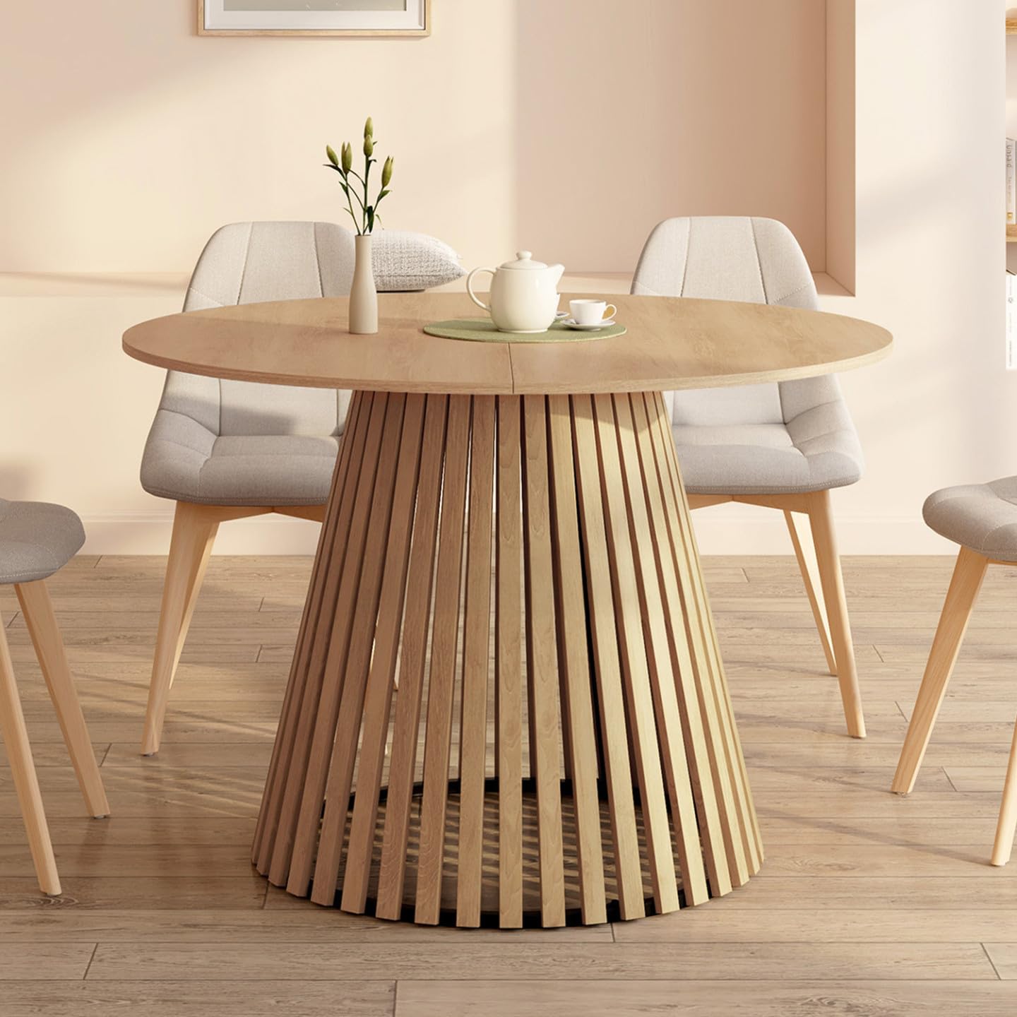 IDMarket - Ausziehbarer runder Esstisch Carmen 4-8 Personen Holzfuß aus Latten und Holzplatte 110-150 cm