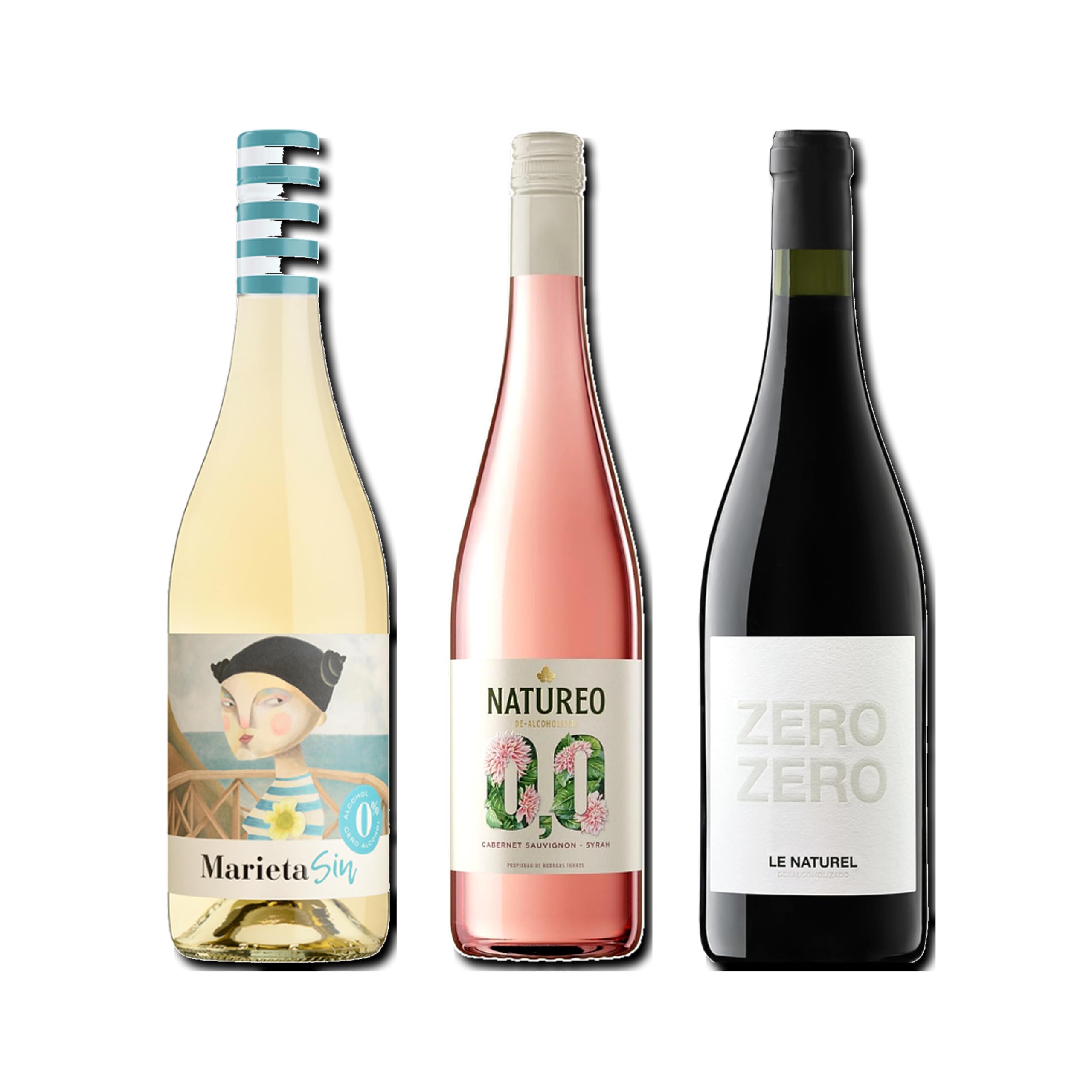 vino sin alcohol 0,0 Marieta, Natureo Rosado y Le Naturel Zero Zero Tinto pack de 3 botellas 75cl