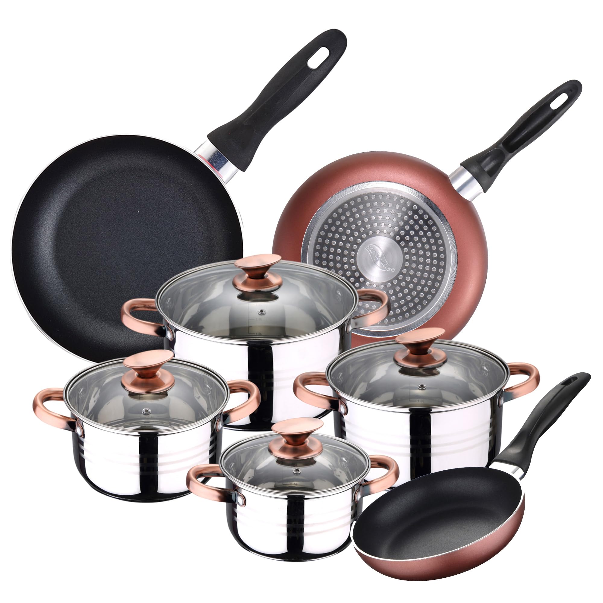 Batería de Cocina 4 cacerolas (1,9L + 2,7L + 3,5L + 5,1L) con 4 Tapas de Vidrio y 3 sartenes Ø16Ø20Ø24 en Acero Inoxidable apta para inducción
