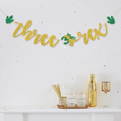 Miniatura 4 de Cartel dorado con purpurina de tres Rex, tema de dinosaurio, decoración de fiesta de tercer cumpleaños para niños y niñas, pancarta de animales de