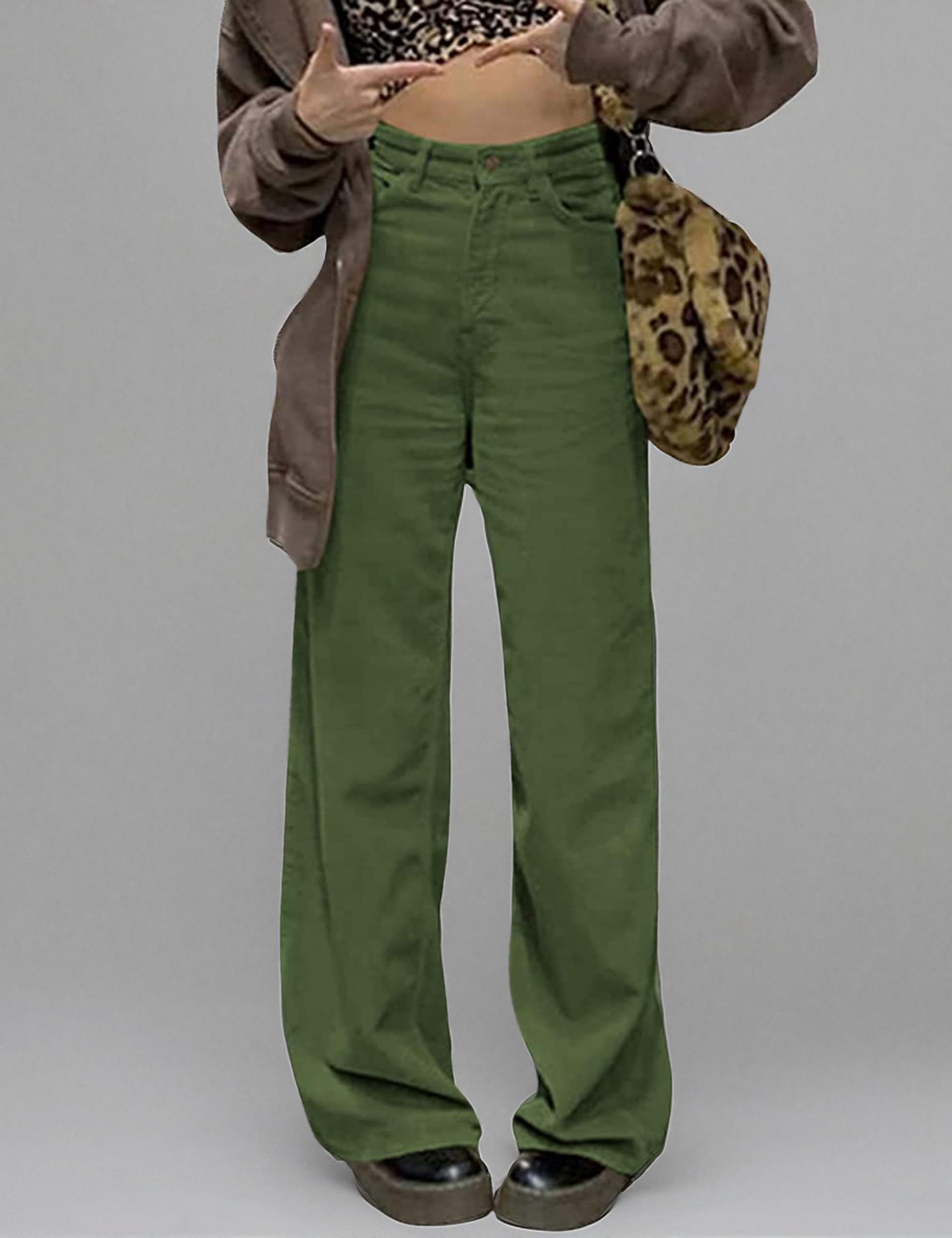 SCUSTY Women's Vintage Corduroy High Elastic Waist Wide Leg Pocketed Pants Trouser