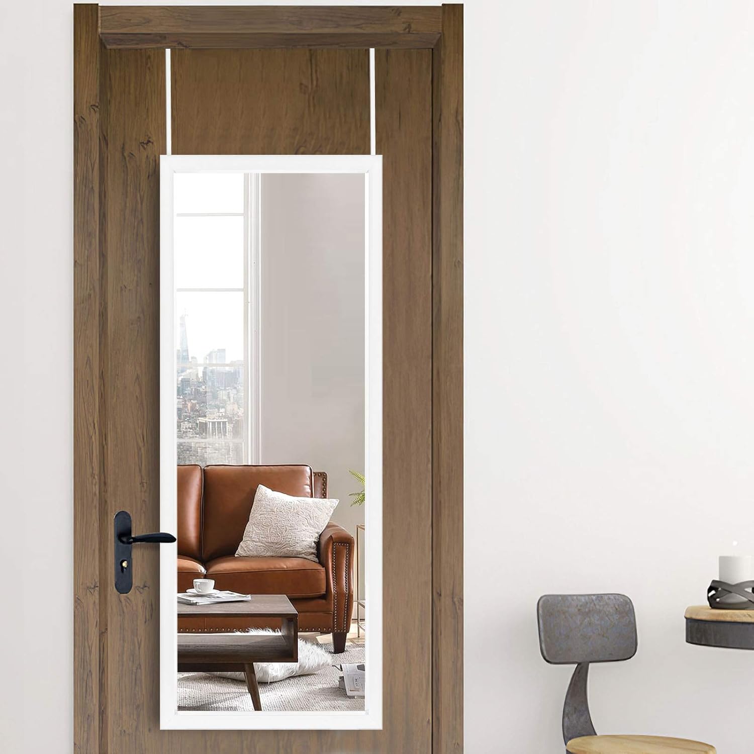 MIRUO Over The Door Mirror Full Length with Hanging Brackets, or Leaning Against Wall Mounted On Wall, Door, 44''x16'', White (JJ01398AAG- AM002) 44"L x 16"W White (Door Mirror)