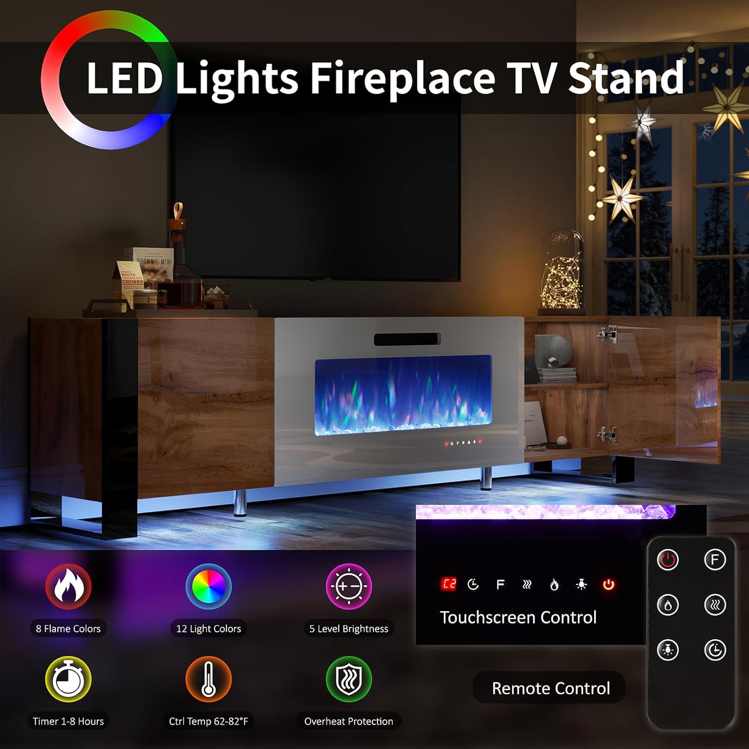 VanAcc 70" Fireplace TV Stand with 36" Electric Fireplace, High Gloss Entertainment Center with LED Lights, Modern Entertainment Stand for TVs up to 80", Rustic Oak&White