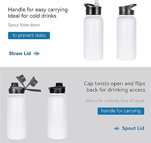 Miniatura 5 de VEGOND Botella de agua aislada de 32 onzas, botellas de agua metálicas de acero inoxidable a granel con tapa de popote a prueba de fugas y tapa de
