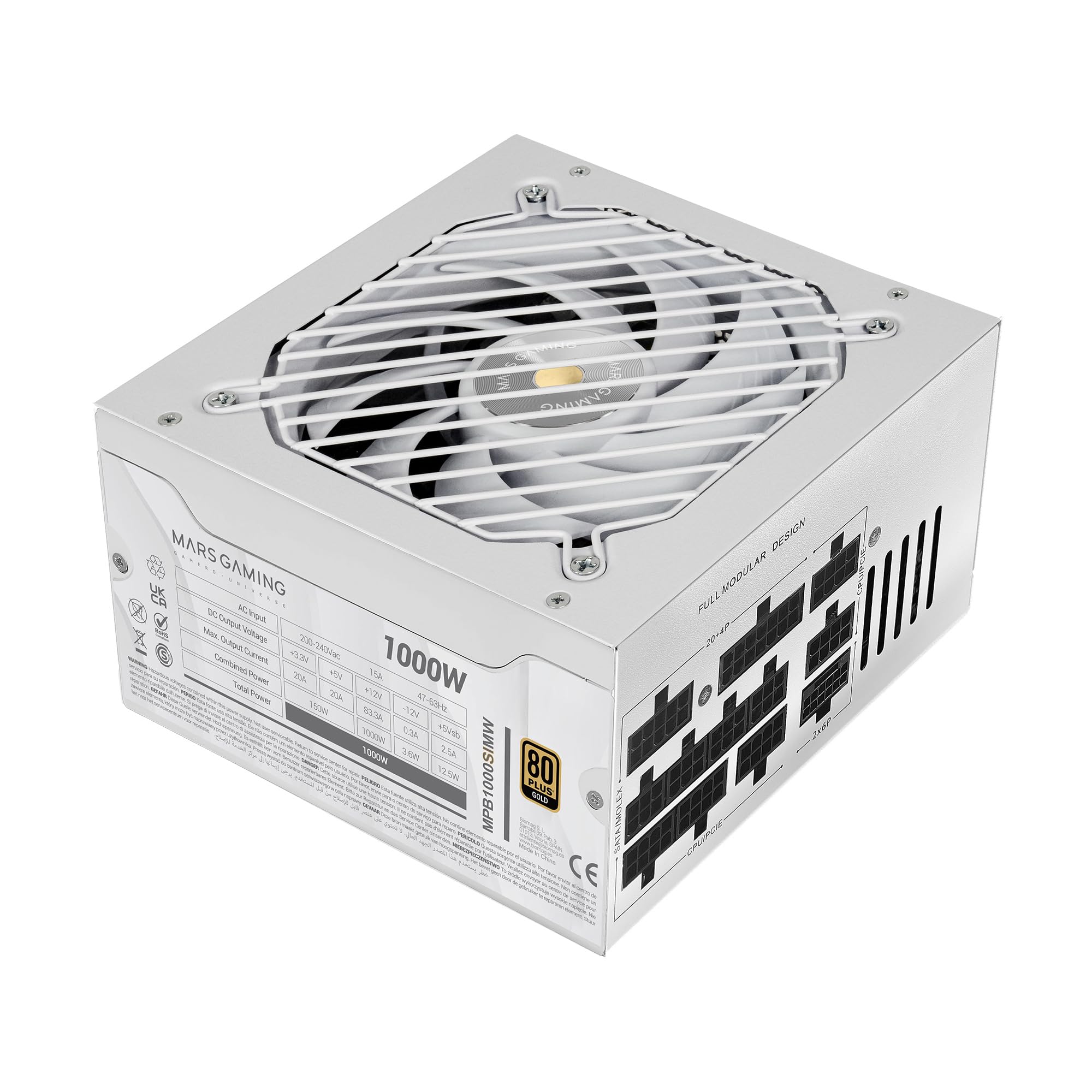 Mars Gaming MPB1000SIM, Fuente Alimentación Full Modular ATX 1000W, 7 Años Garantía, 80Plus Gold 90%, Ventilador SI Extreme Silence 140mm, Tecnologías AI2-RPM, Condensadores Japoneses, Blanco