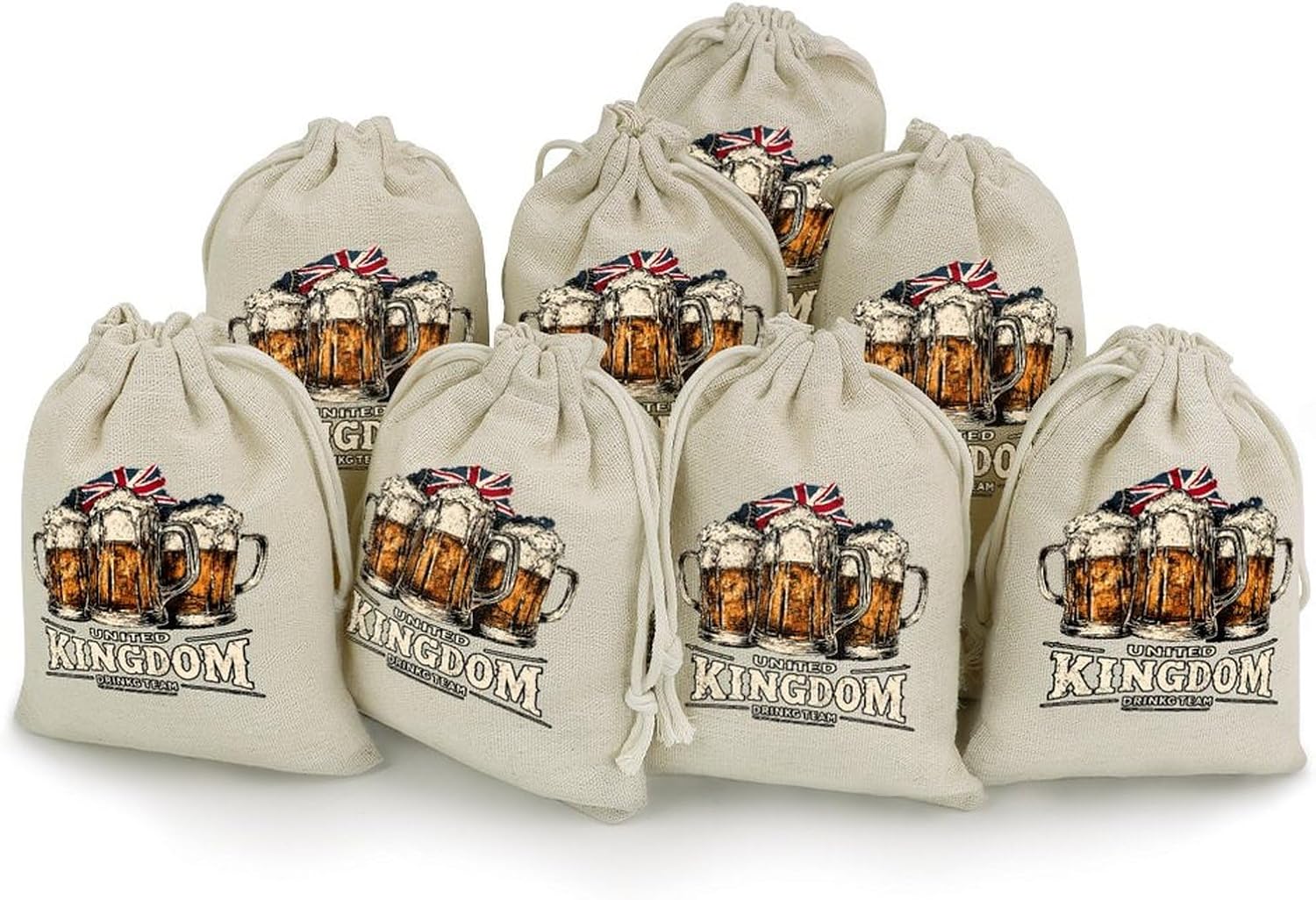 UK Drinking Party British Beer Fest Drawstring Bags Cotton Linen Pack of 8 | Reusable Storage Gift Pouch Party Home Supplies