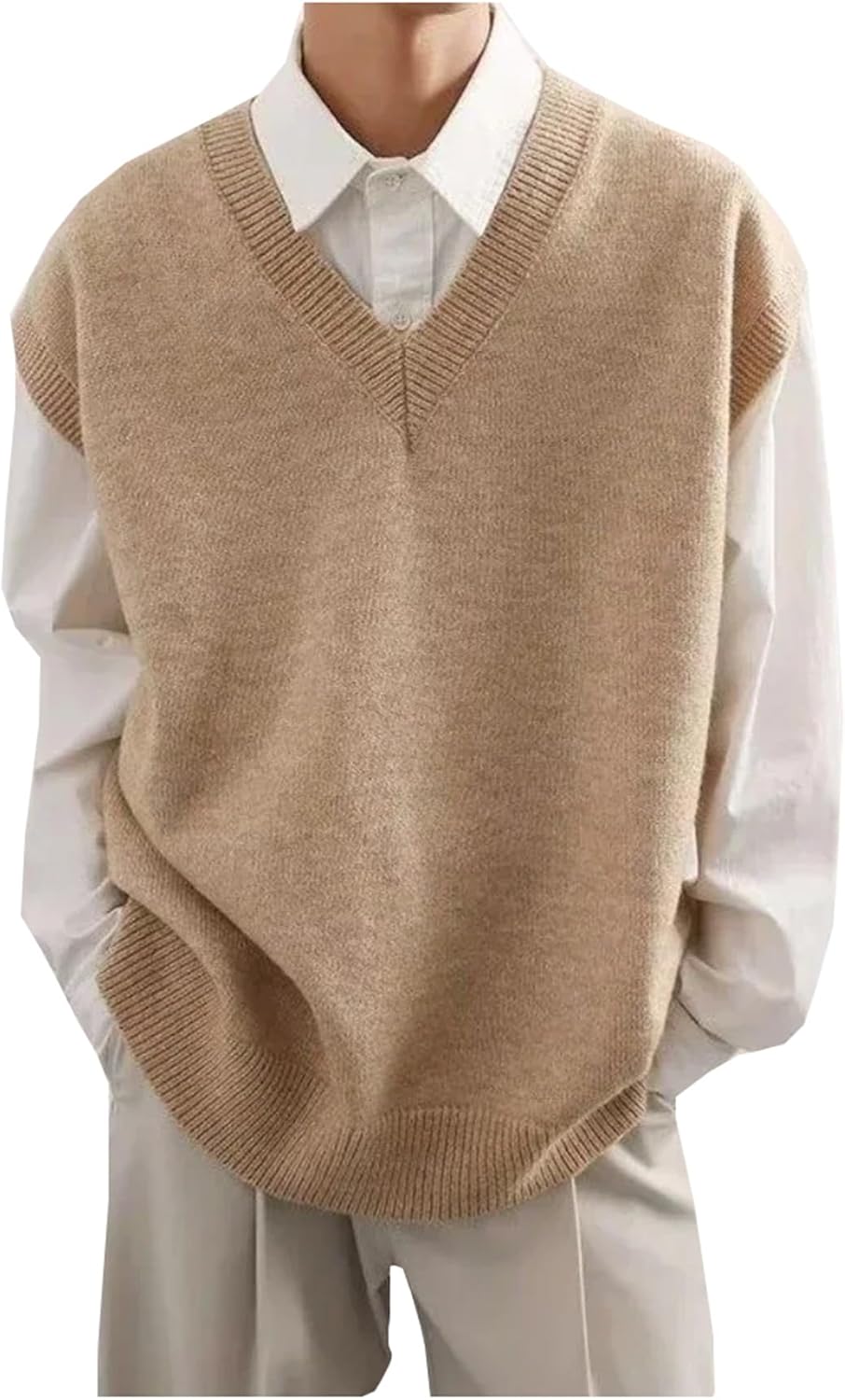 Men's Beige V Neck Knit Sweater Vest Plus Size Sleeveless Wool Blended Pullover Knitwear Sweater Tops