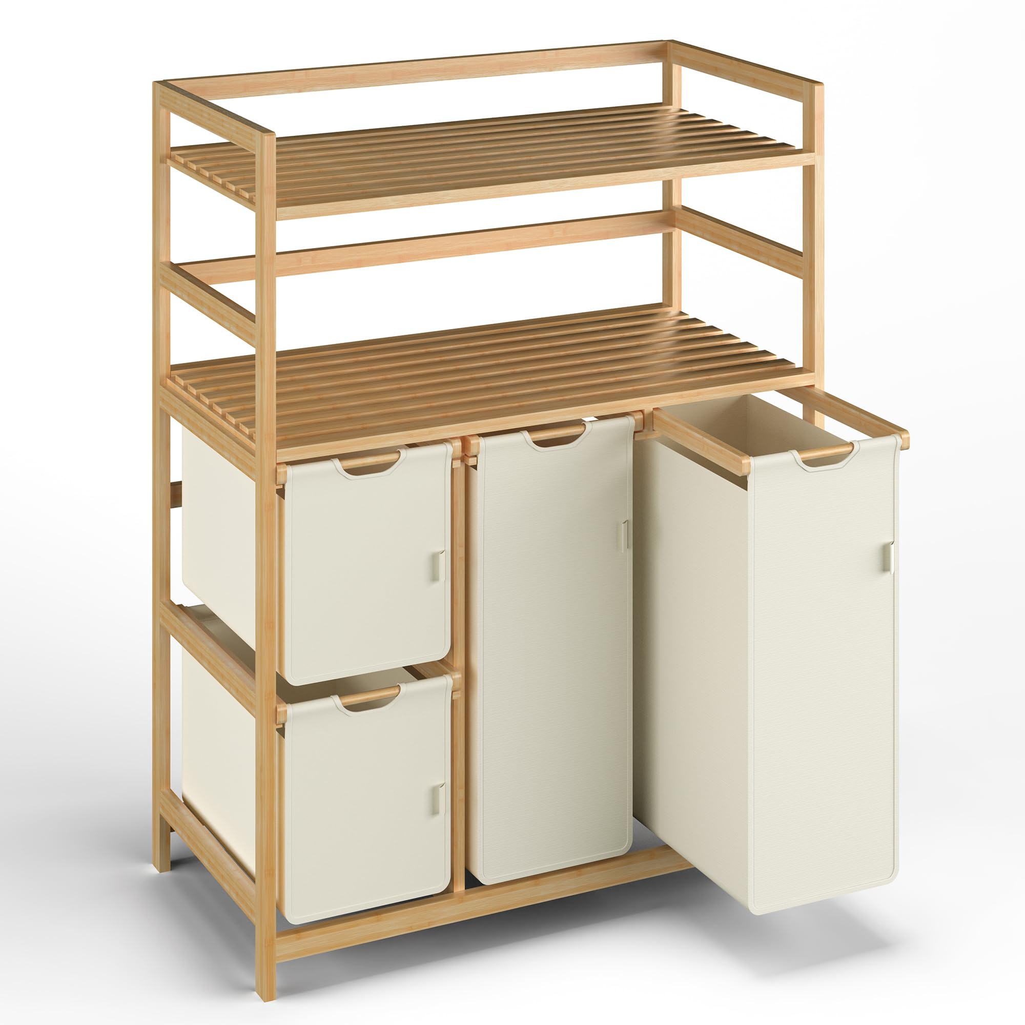 iEGrow Wäschesammler 4 Fächer 150L, Wäschekorb 4 Fächer 2 Regale, Bambus Wäschewagen mit Ablage für Schmutzwäsche, Push-Pull Wäschesack aus Oxford-Gewebe, 2 x 50 L, 2 x 25L Wäschebox Beige