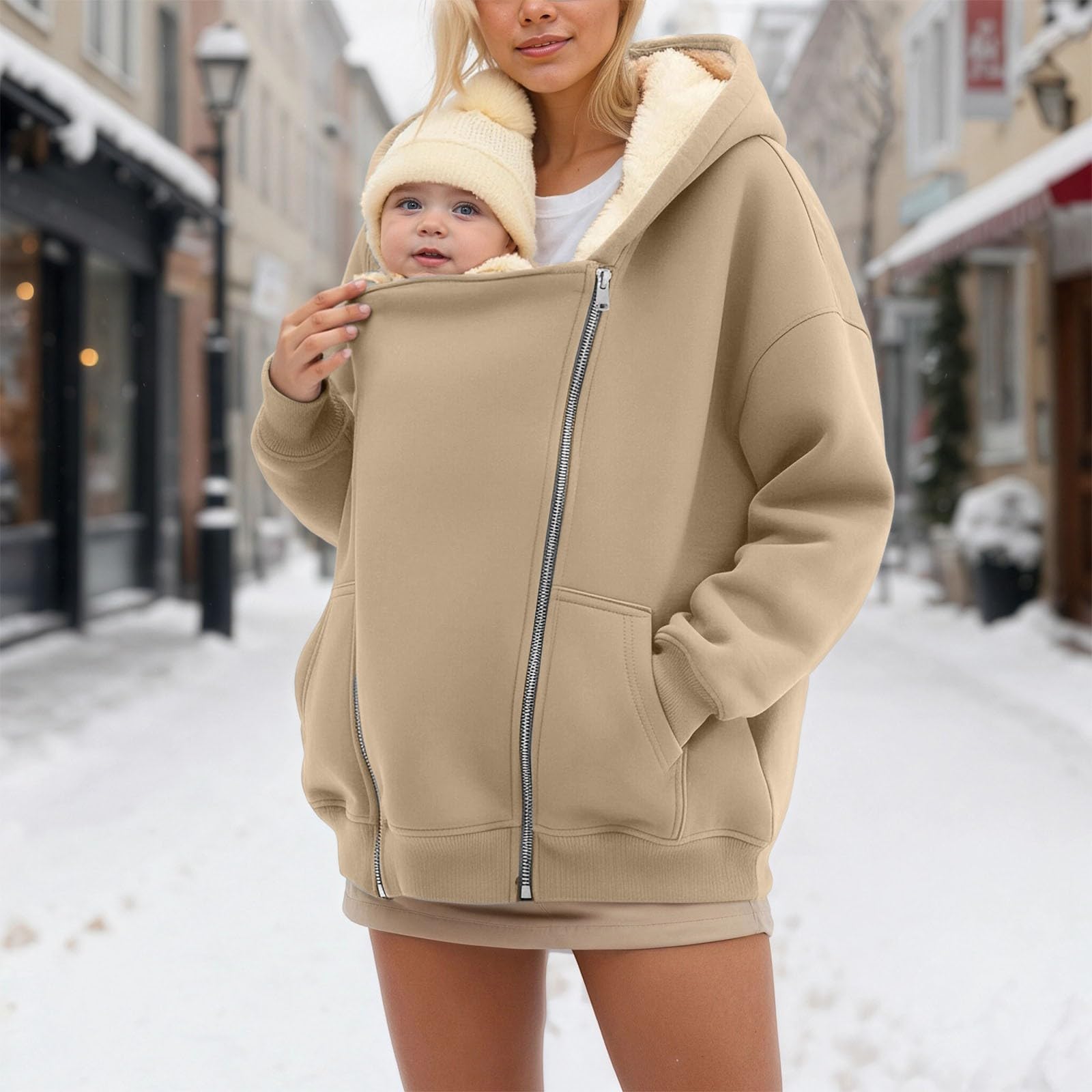3 en 1 polar canguro Softshell maternidad desgaste chaqueta polar con capucha, chaqueta de maternidad para mujer, manga larga, suéter cálido con cremallera chaquetas de desgaste