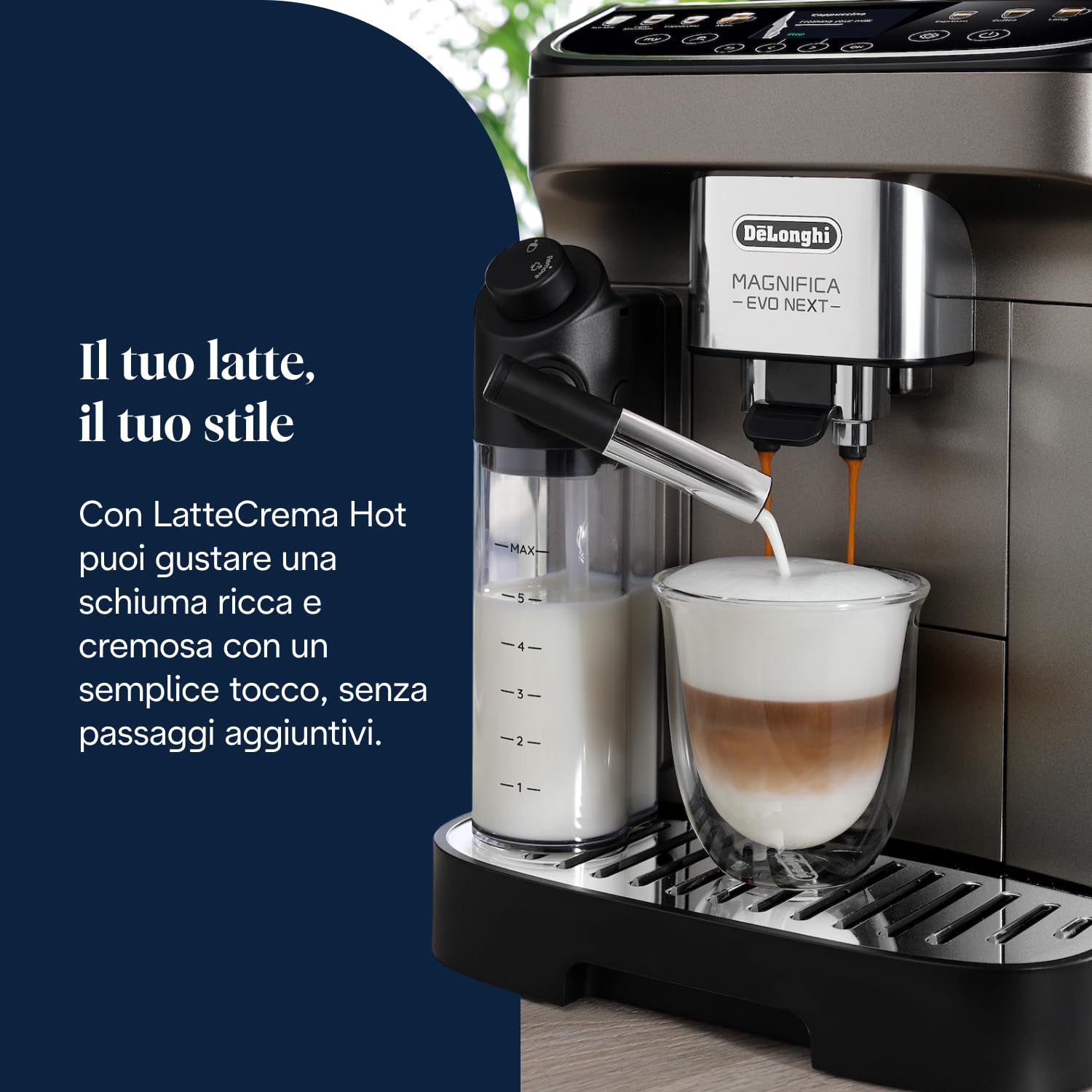 De’Longhi Magnifica Evo Next – Perfetto Macchina da Caffè Automatica, LatteCrema Montalatte Automatico, 13 Bevande in un Solo Tocco, Display Touch a Colori, Titanio e Nero (ECAM312.80.TB)