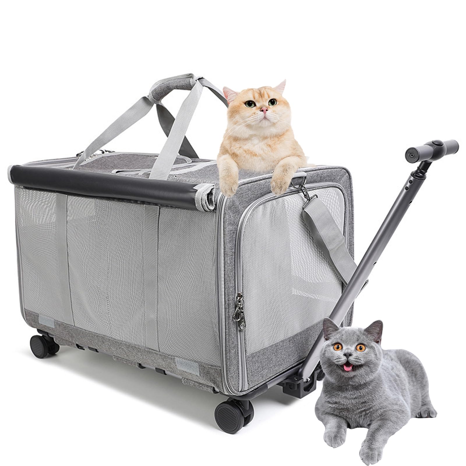 Transportin Doble para 2 Gatos con Ruedas Desmontables para Gatos Y Perros, Diseño Súper Ventilado, Ideal para Viajar, Caminar, Acampar