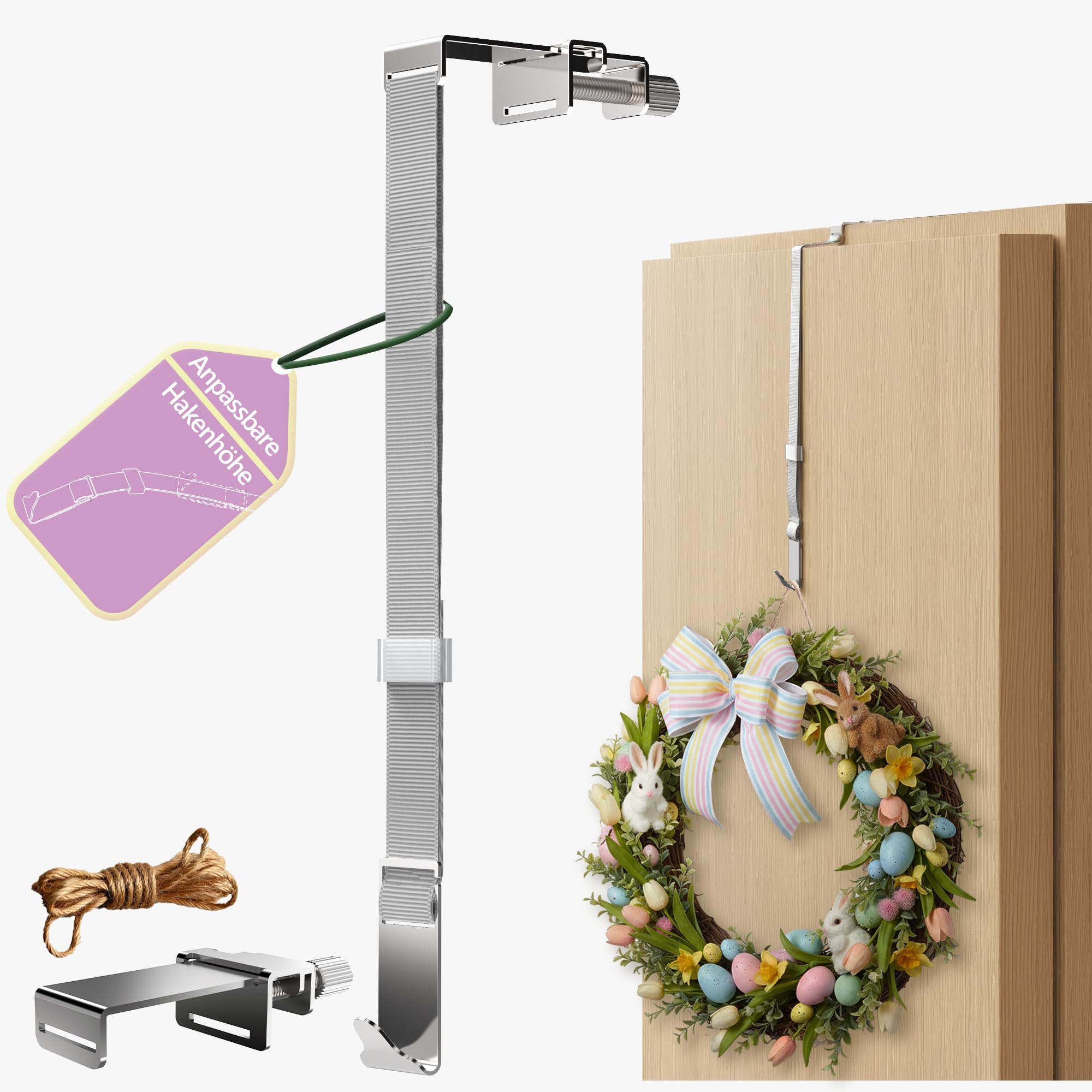4smile Gancio per porta – Gancio per porta esterna in acciaio inox e porta interna, stabile supporto per porta di casa esterna – montaggio flessibile regolabile – Gancio per porta per ghirlanda