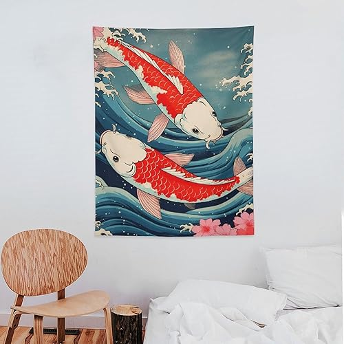 Miniatura 7 de QEOPGNE Tapiz de pared grande con estampado de peces Koi, grandes olas japonesas, flores de cerezo, banderas retro para habitación, sala de estar,