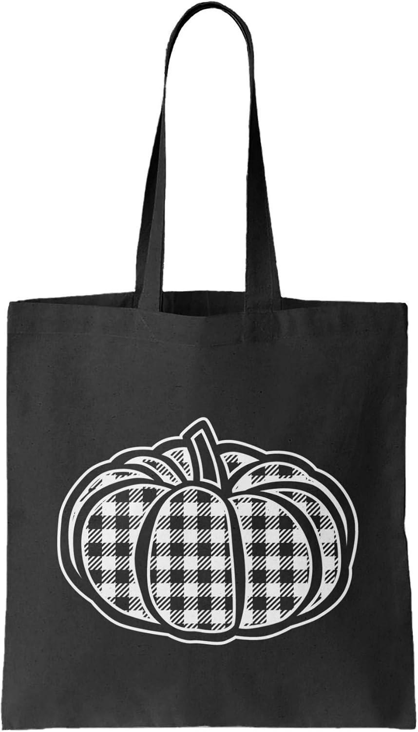 Plaid Pumpkin - Patch Picking Fall Autumn Reusable Grocery Tote Bag (Black)