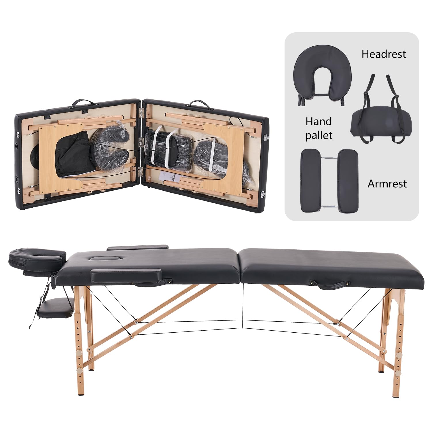 YOUNIKE Massage Table Portable Lightweight 2 Folding Adjustable Lash Facial Tattoo Bed Professional Spa Physical Therapy Home Salon Wooden Frame Black