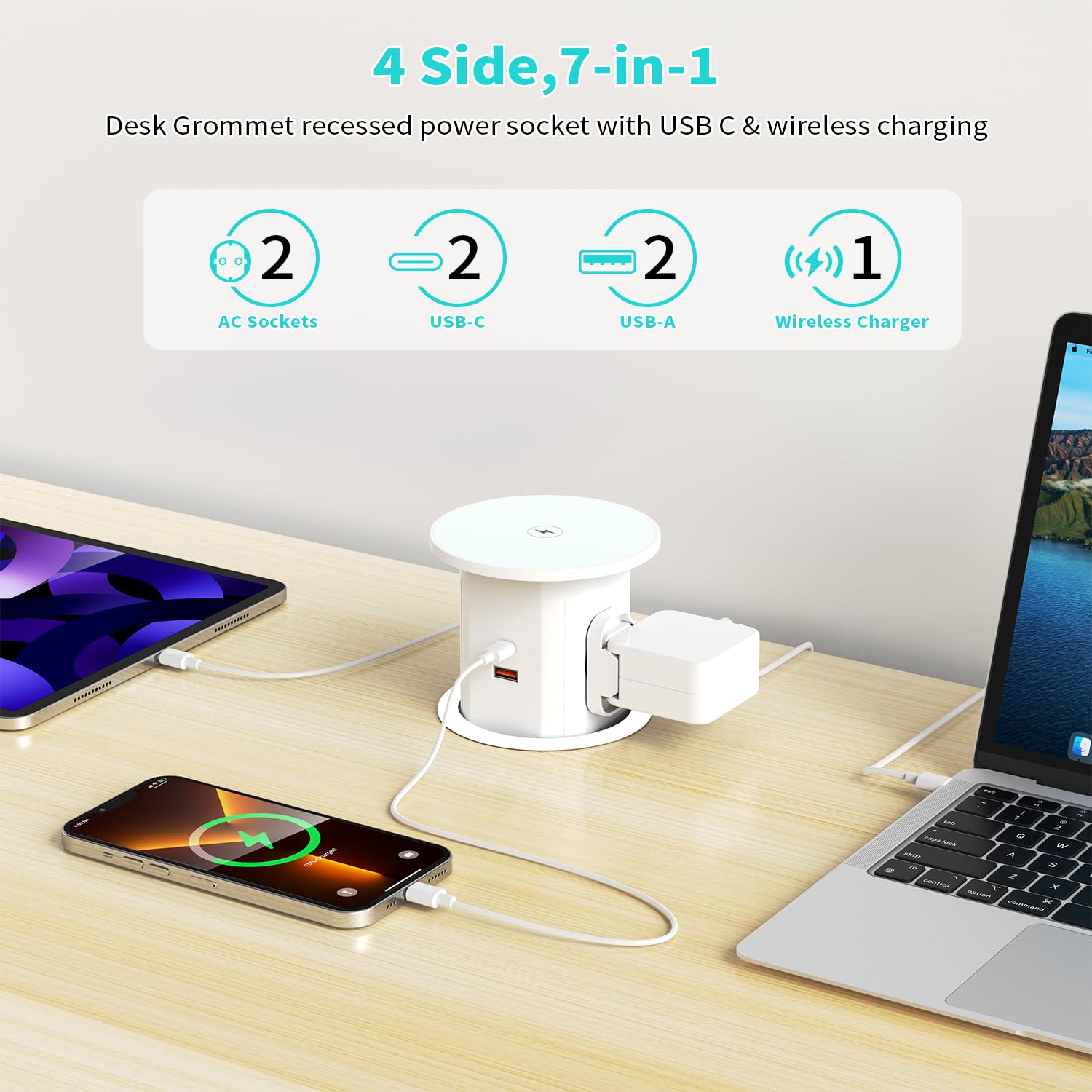 Presa A Scomparsa Da Tavolo Airmom - 7 In 1: Wireless 15W, USB-C PD 20W, USB-A, Prese, Ø80 Mm