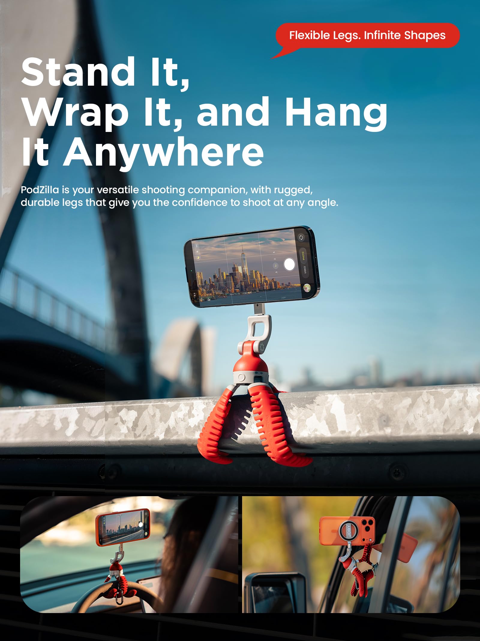 JOBY PodZilla Trépied à Ventouse pour Téléphone Portable, Mini Perche à Selfie Magnétique, 360° Rotation&200° Inclinaison, Support de Smartphone Compatible avec MagSafe iPhone 17 16 15 14 13 12 Rouge