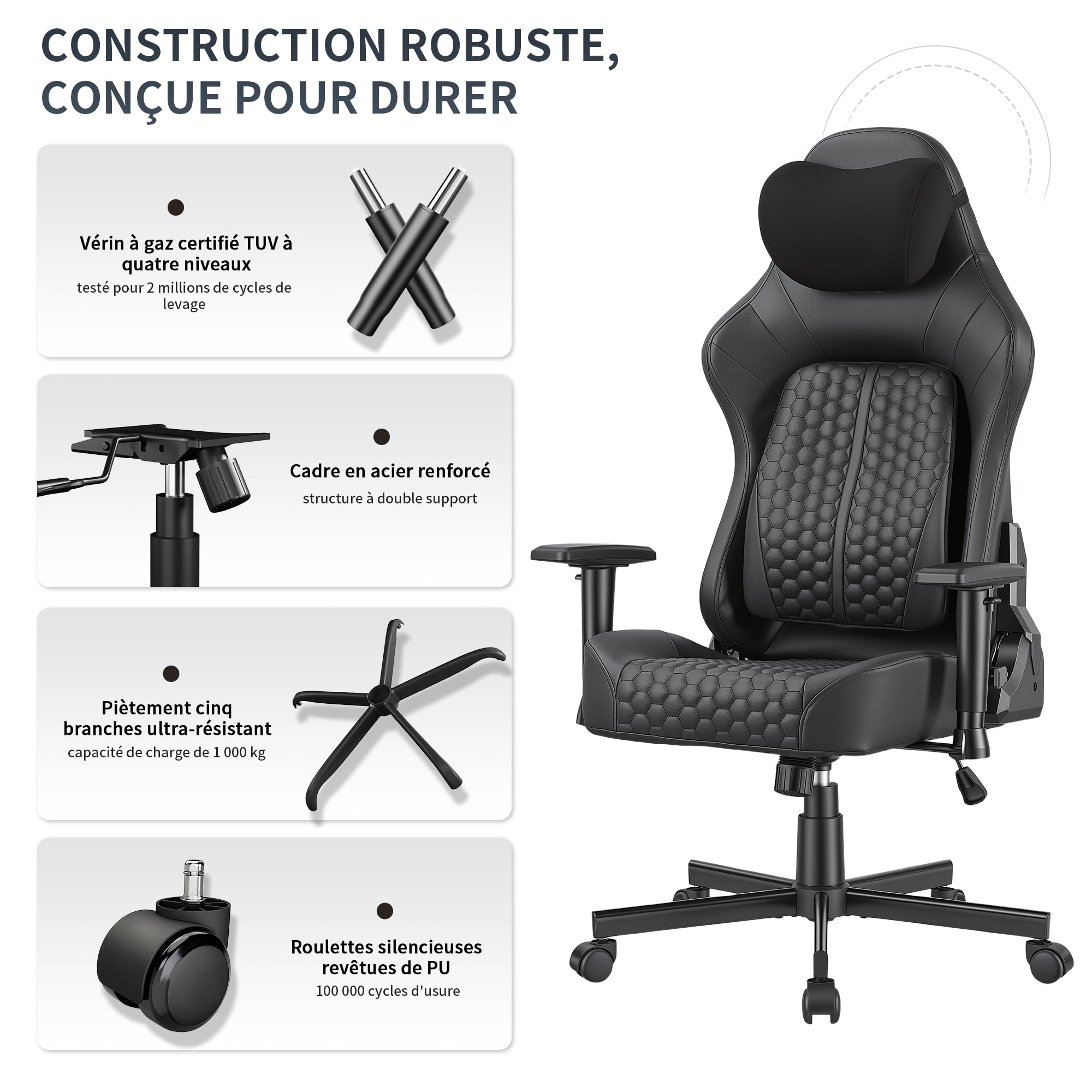 JUMMICO Chaise Gaming avec Support Lombaire Réglable & Accoudoirs 2D, Chaise Informatique Ergonomique, Chaise De Bureau Respirante pour Gamers Et Bureau, Supporte Jusqu'à 150 Kg, Noir
