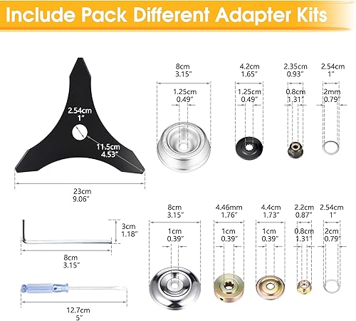 Miniatura 2 de Cuchilla de repuesto de acero al carbono de 10 x 3 dientes, cuchillas de repuesto para cortacésped con 2 kits de adaptadores diferentes, compatible