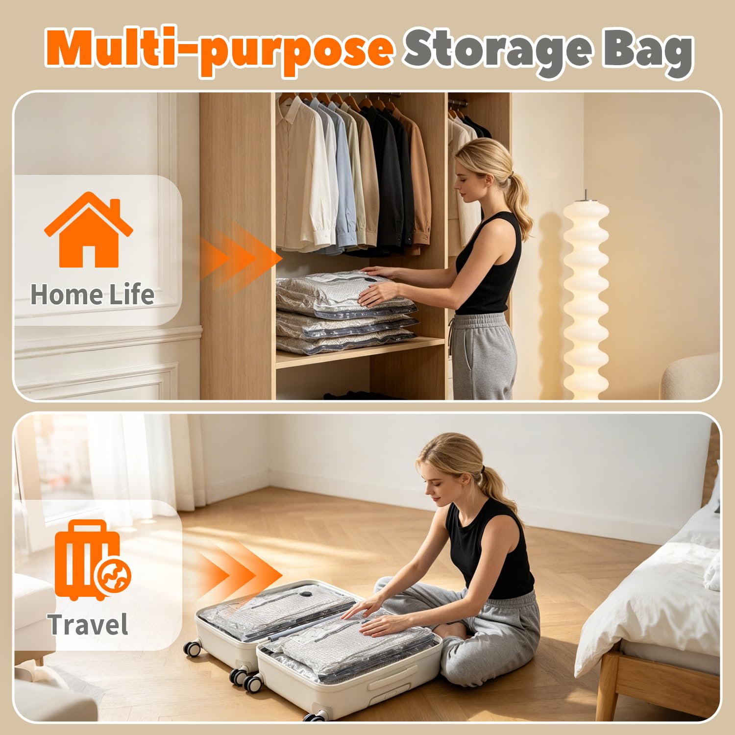 Sacchetti sottovuoto a compressione, confezione da 15 sacchetti sottovuoto riutilizzabili da viaggio con pompa wireless, 3 dimensioni salvaspazio, sacchetti sottovuoto per vestiti, include una borsa