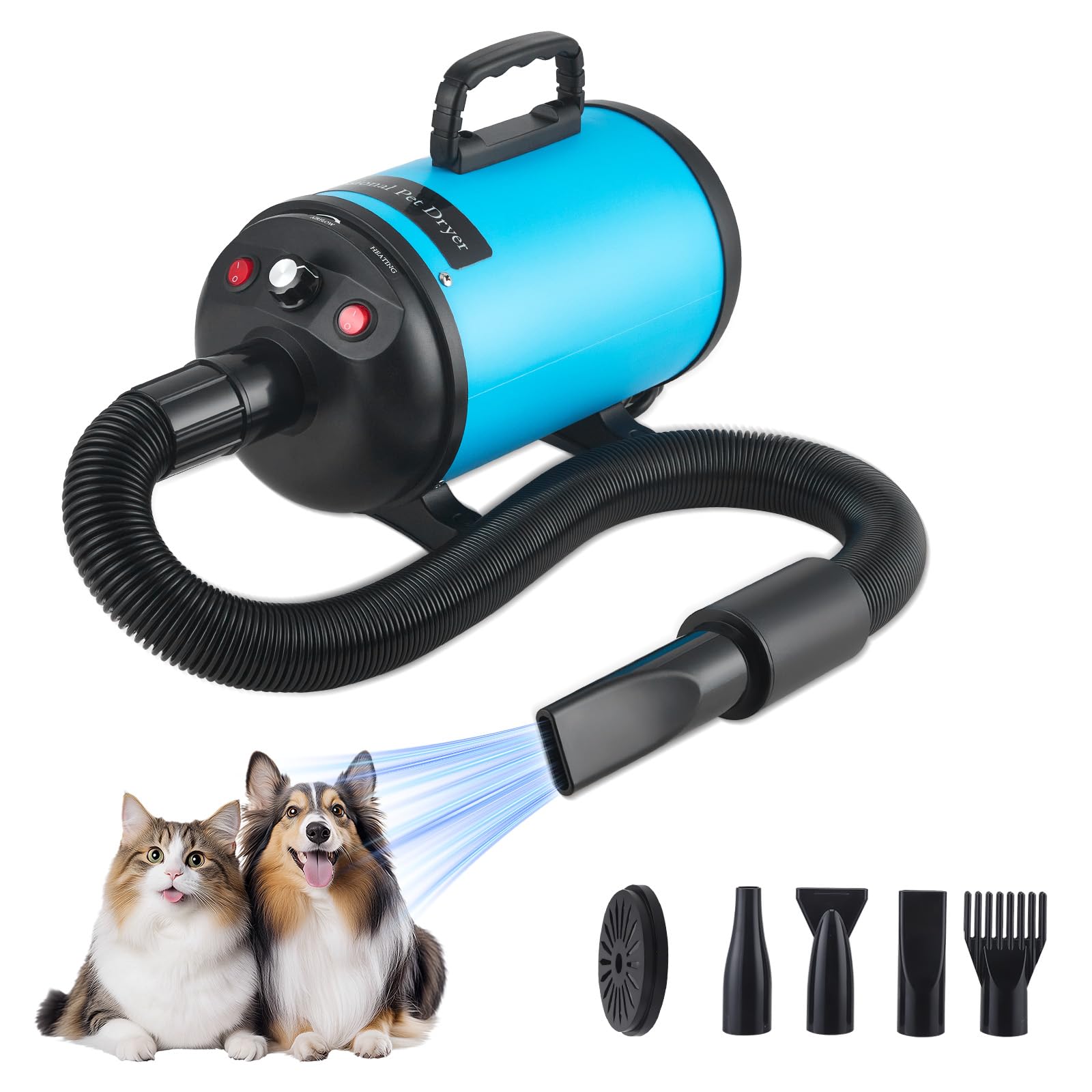 Asciugacapelli per cani, asciugacapelli per cani, 3800 W/4,5 CV, asciugacapelli professionale per la cura del pelo, regolazione continua della velocità, a basso rumore, con 4 diversi ugelli, tubo