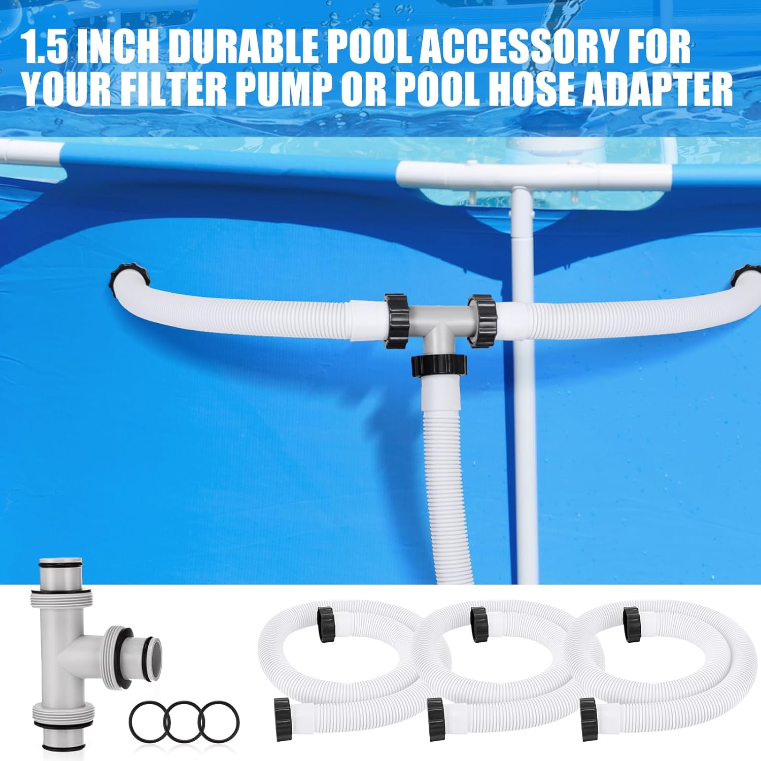 Frienda 1.5" to 1.5" T Joint Pool Hose Connector with 3 Pcs 1.5" Diameter Pump Replacement Hose 59" Long, Pool Hose Adapter and Replacement Accessories Fitting for Filter Pump(White)