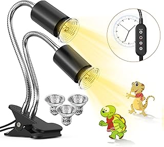 Reptile Heat Lamp, Dual-Head Timed Basking Spot Lamp, UVA UVB Turtle Light With Clamp, Terrarium Heat Lamps for Reptile, Bearded Dragon, Lizard, Snake, Bird, 3 Heat Bulbs Included, 2*50W+1*25W
