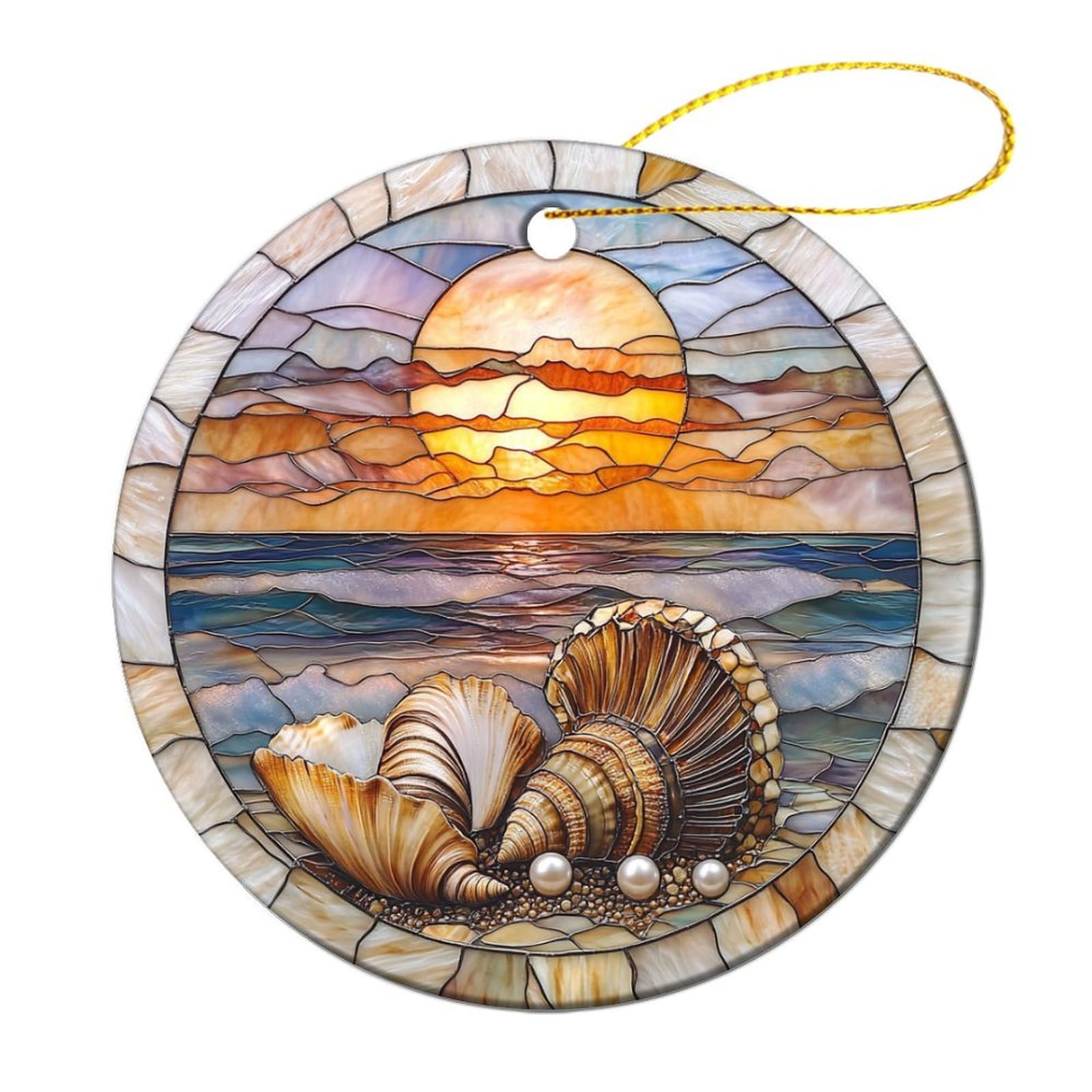 Stained Glass Sunrise Conch Shell And Pearl Christmas Tree Hanging Ornaments,2 Pieces, 7.2CM Round Double-Sided
